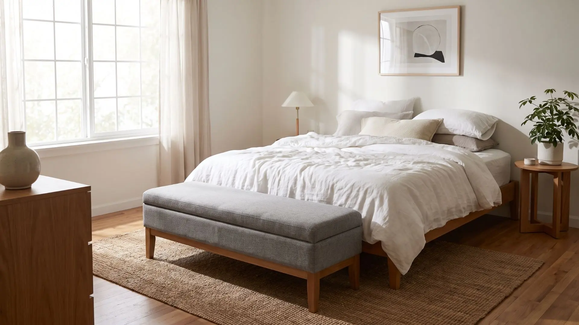 gray upholstered bench anchoring the foot of a bed in a bright bedroom with neutral decor