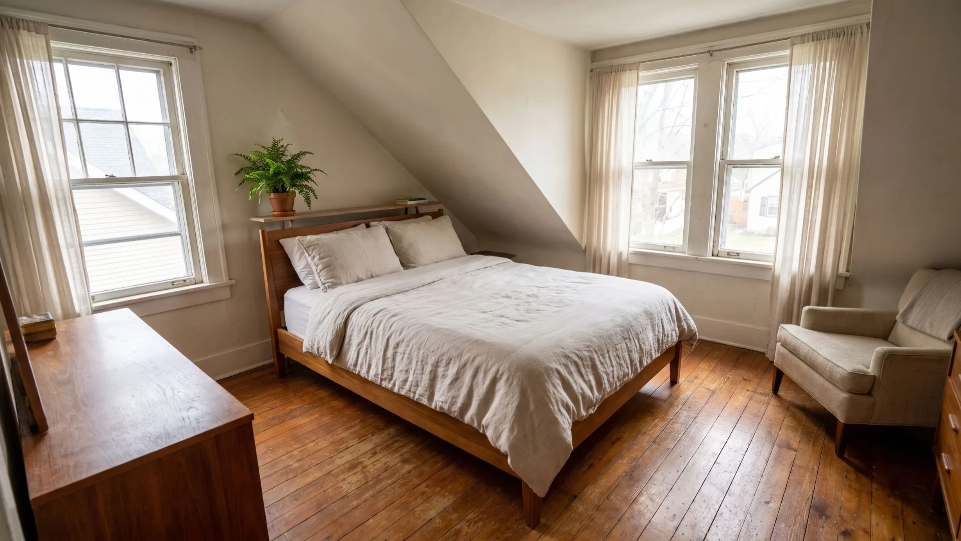 wooden bed angled beneath a sloped ceiling in an odd-shaped bedroom with several windows