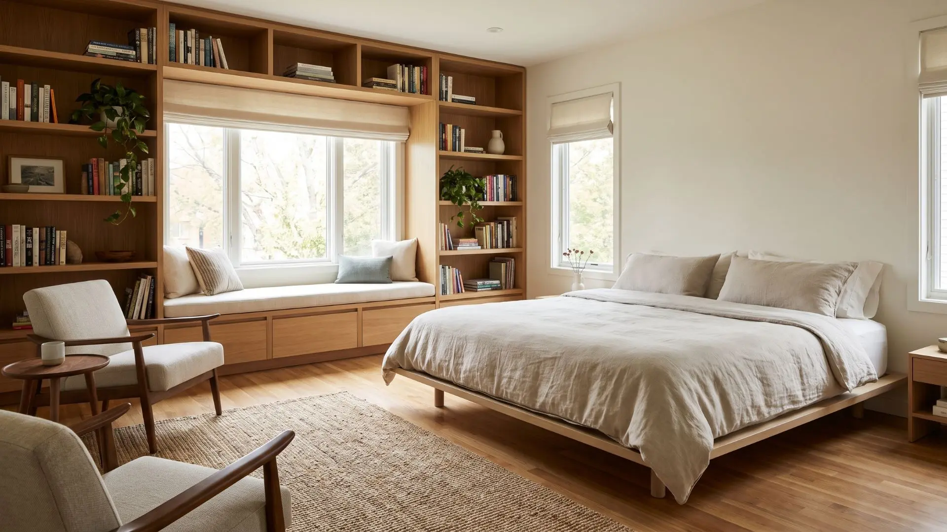 bed arranged beside built-in wooden bookshelves and a window seat in a bright bedroom