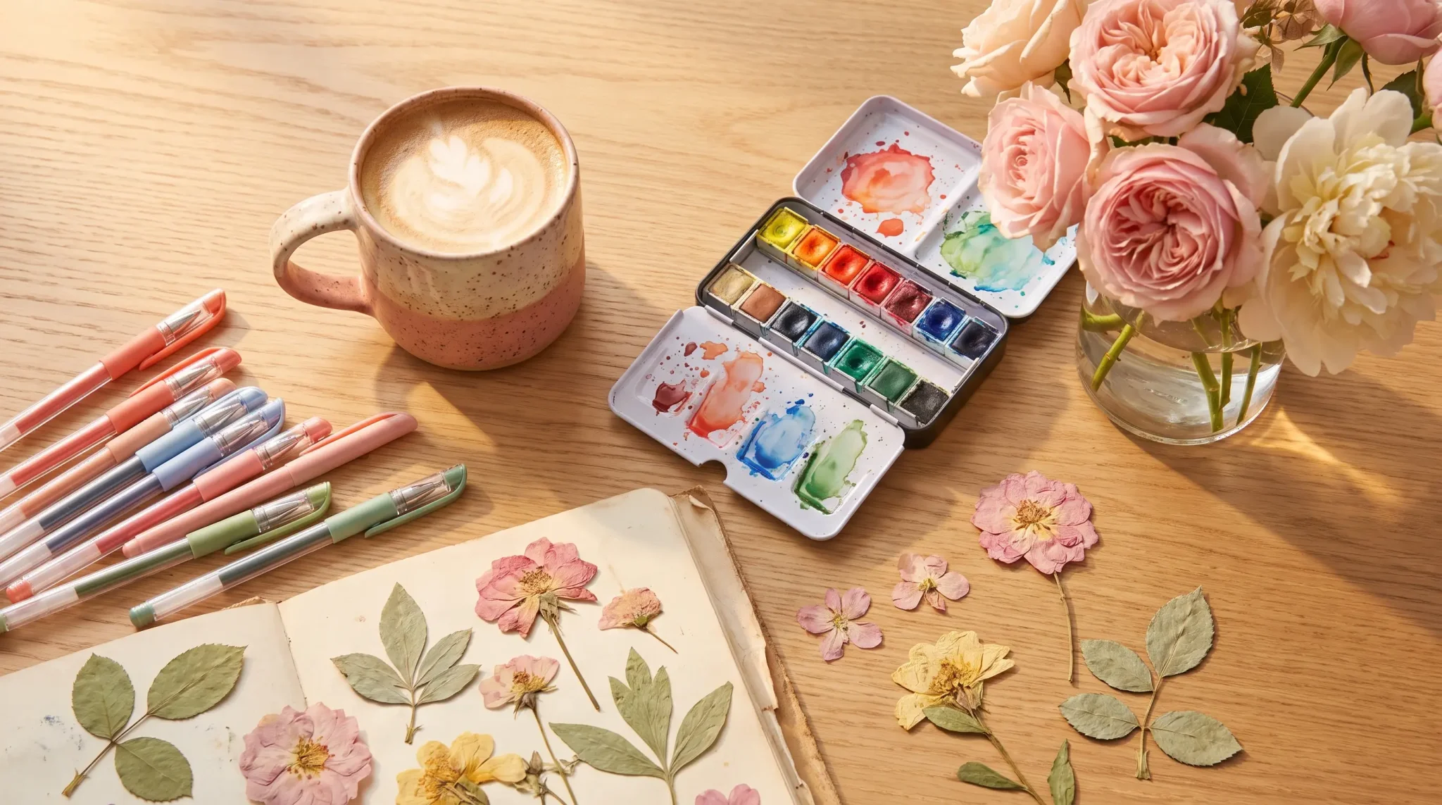 Cup of latte, watercolor paints, and flowers on wooden desk