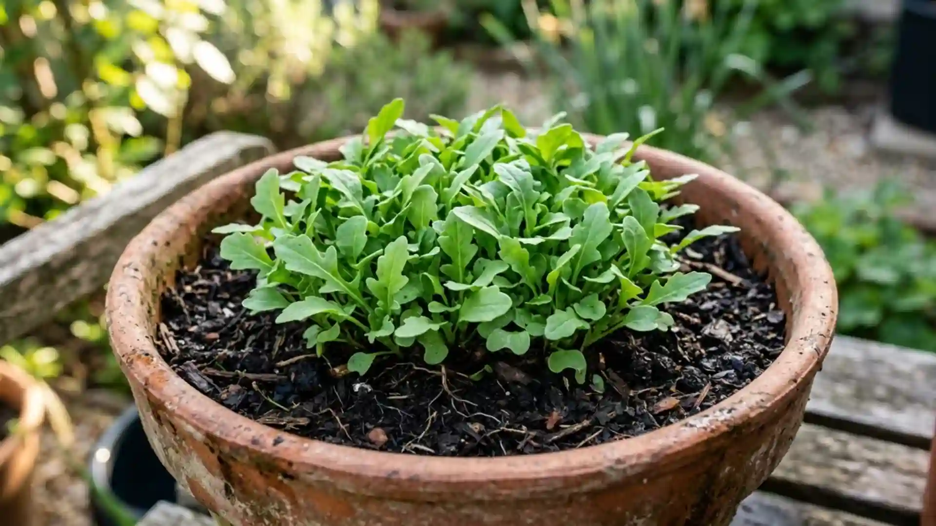 fresh young arugula leaves, growing in a home garden bed, photographed in natural daylight