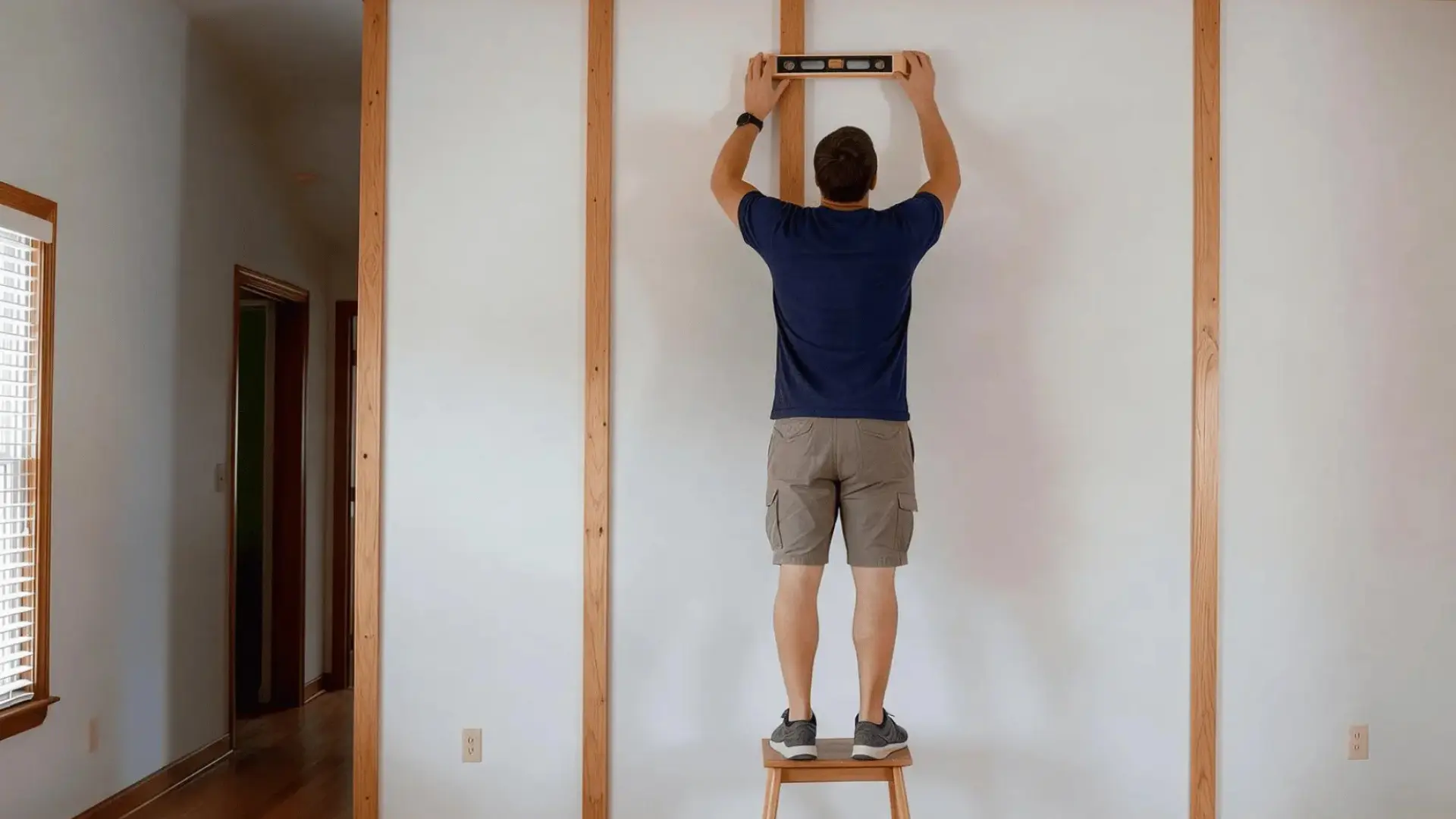 person checking a vertical batten with a level before nailing it to the wall