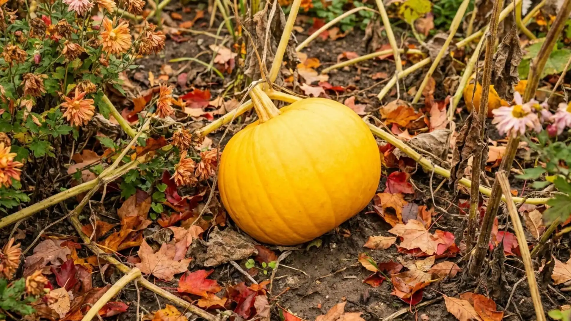 bright gold colored autumn gold pumpkin in garden