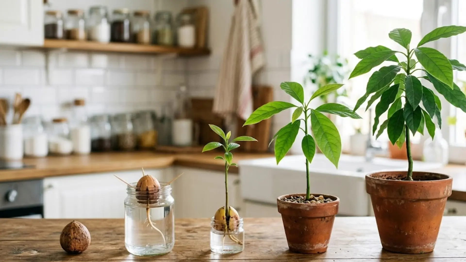 avocado seed sprouting in water beside a young potted avocado plant on a sunny windowsill