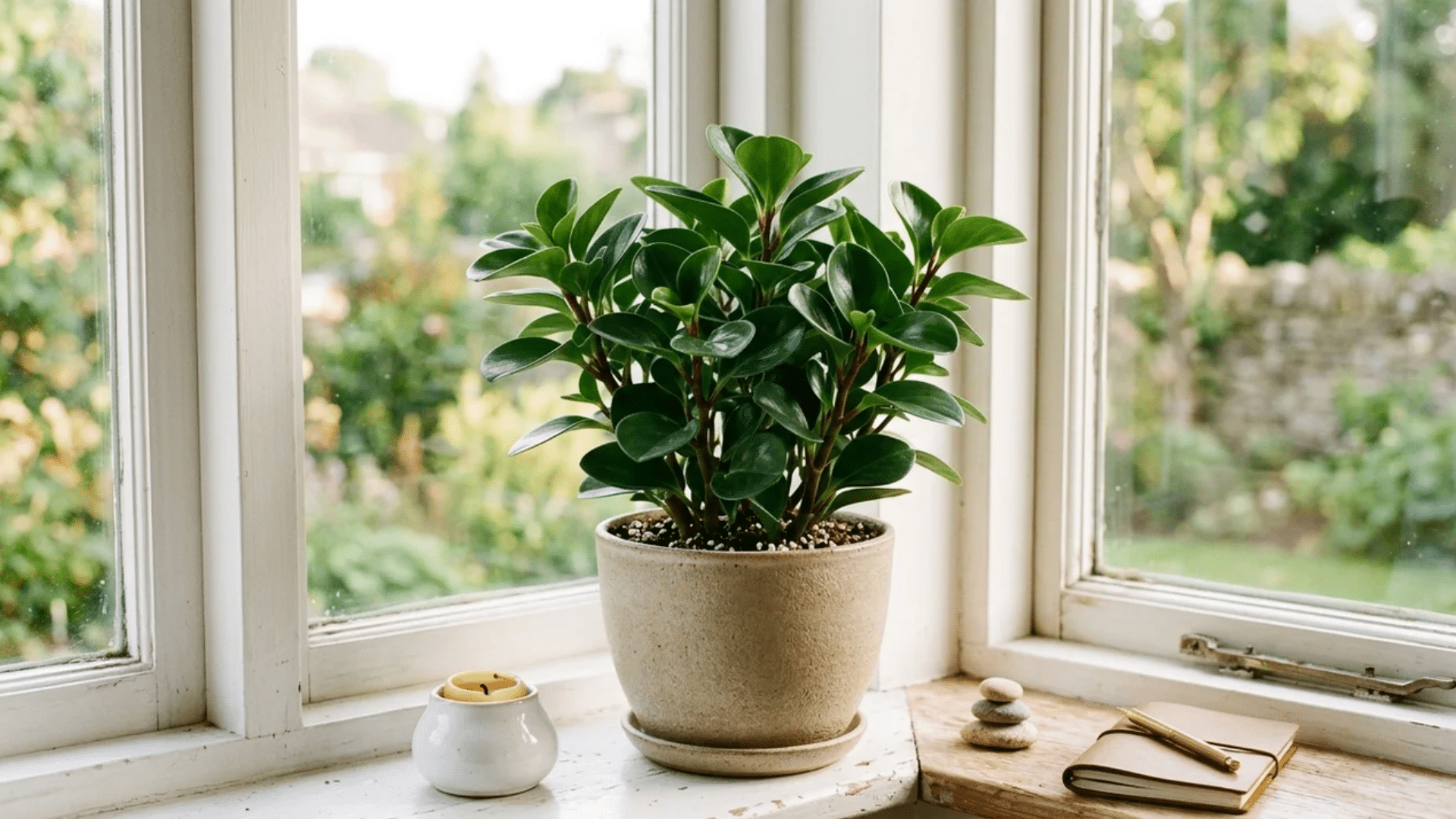 bushy baby rubber plant in ceramic pot styled on a bright windowsill