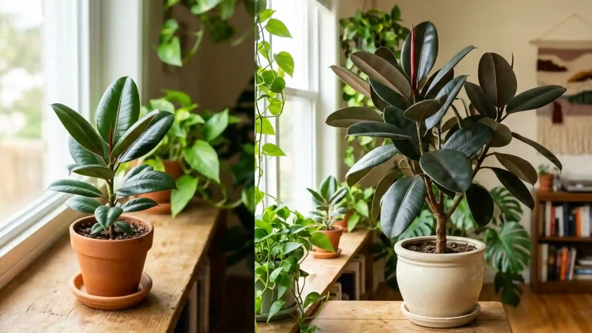 baby rubber plant compared side by side with a tall ficus elastica rubber plant