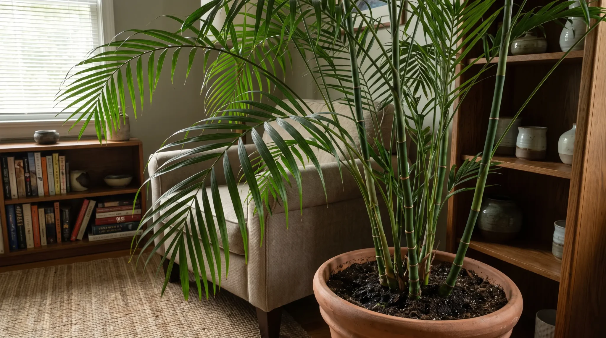 large bamboo palm with arching green fronds in a terracotta pot beside a living room chair