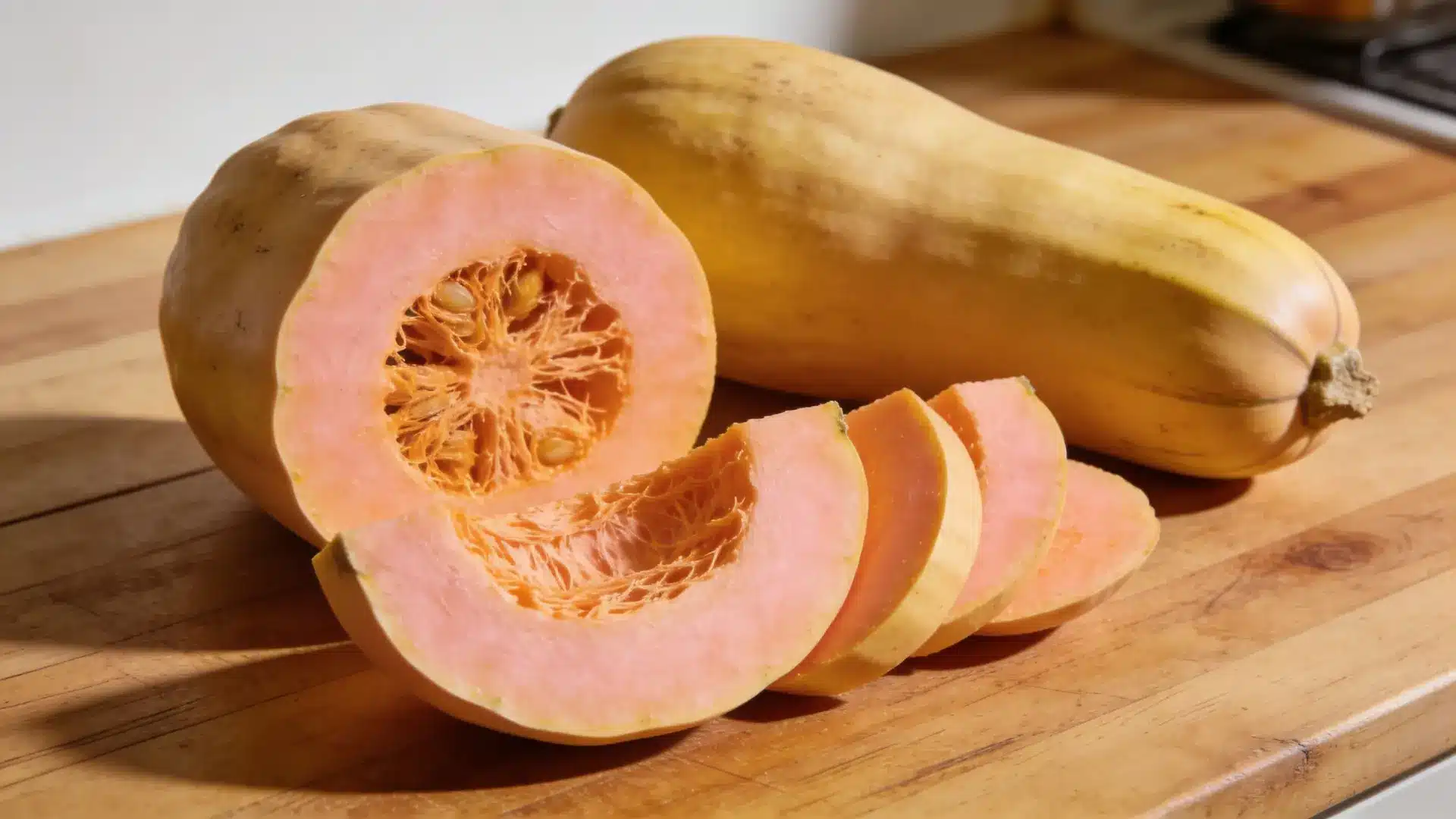 sliced banana squash on a kitchen counter