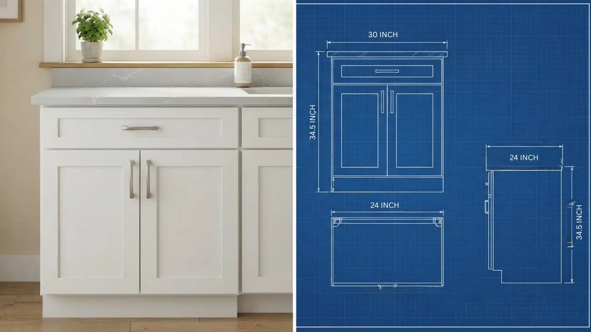 white base kitchen cabinet beside a blueprint showing width, height, and depth in inches