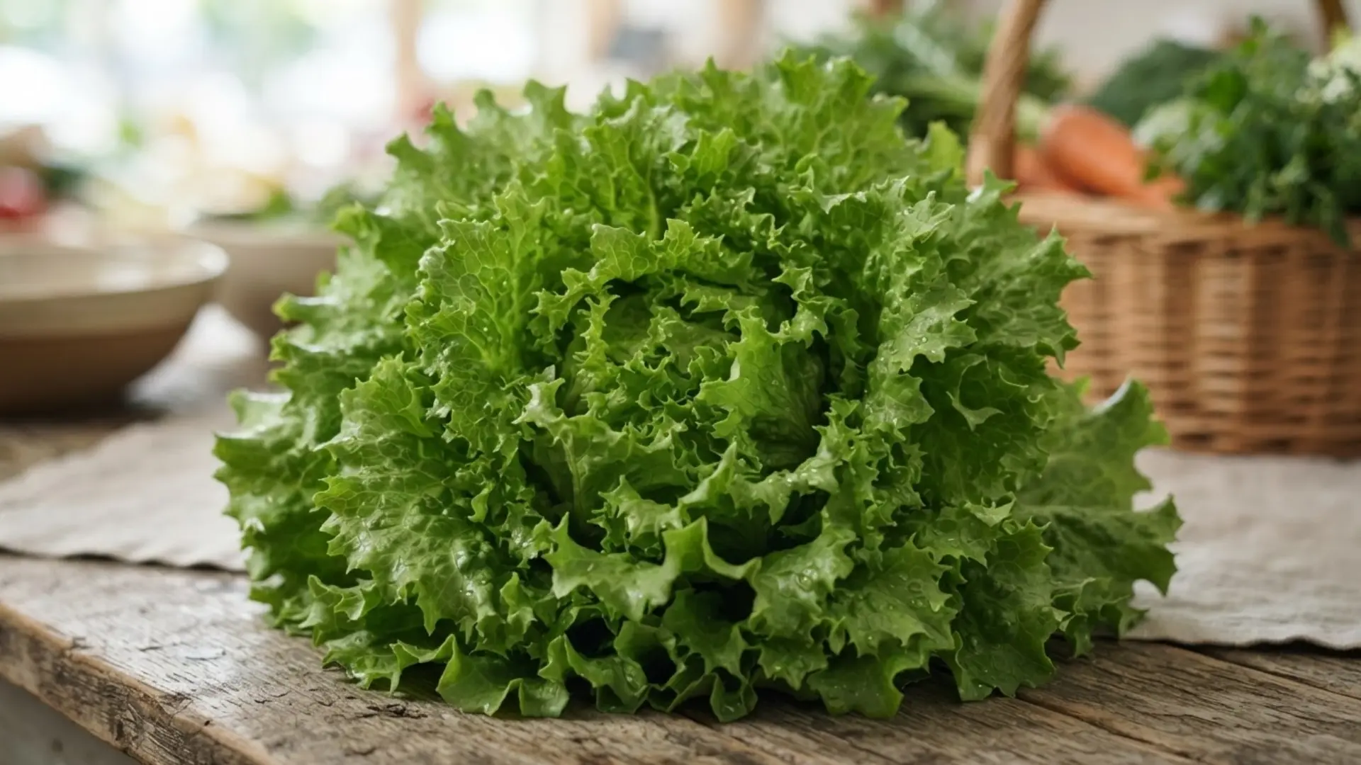batavia summer crisp lettuce with bright green ruffled leaves displayed on a rustic wooden kitchen table