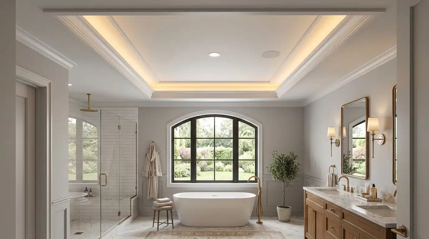 a bathroom with a freestanding tub beneath an arched window, glass shower, double vanity, mirrors, and warm recessed lighting