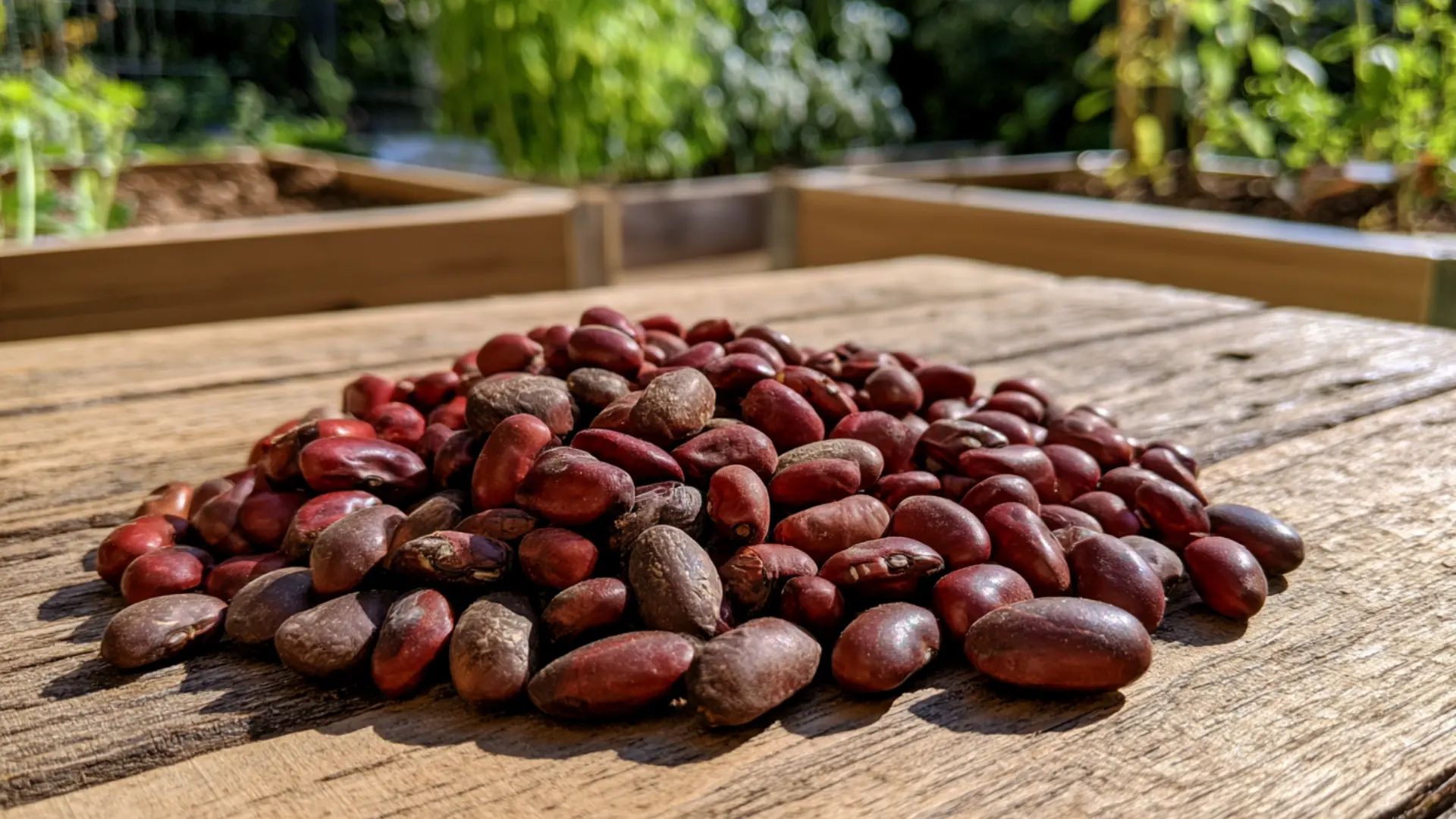a handful of dried bean seeds held over a wicker garden basket with blurred garden beds behind