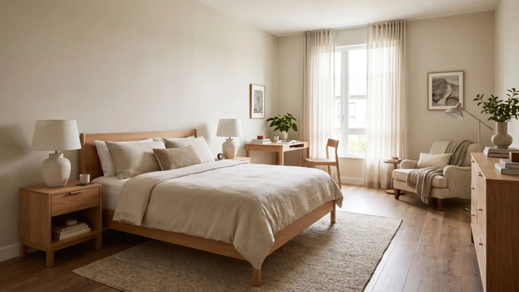 well-planned bedroom with balanced furniture placement, clear pathways, a desk, and storage