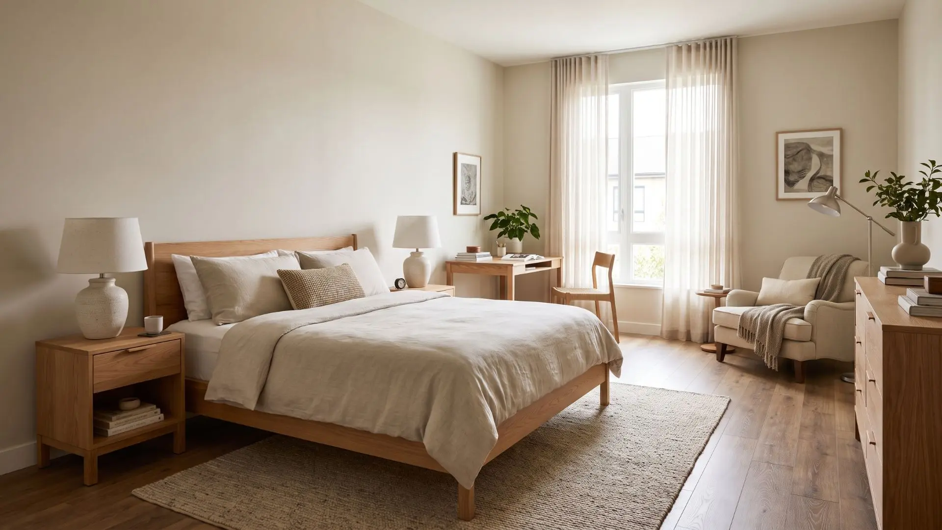 well-planned bedroom with balanced furniture placement, clear pathways, a desk, and storage