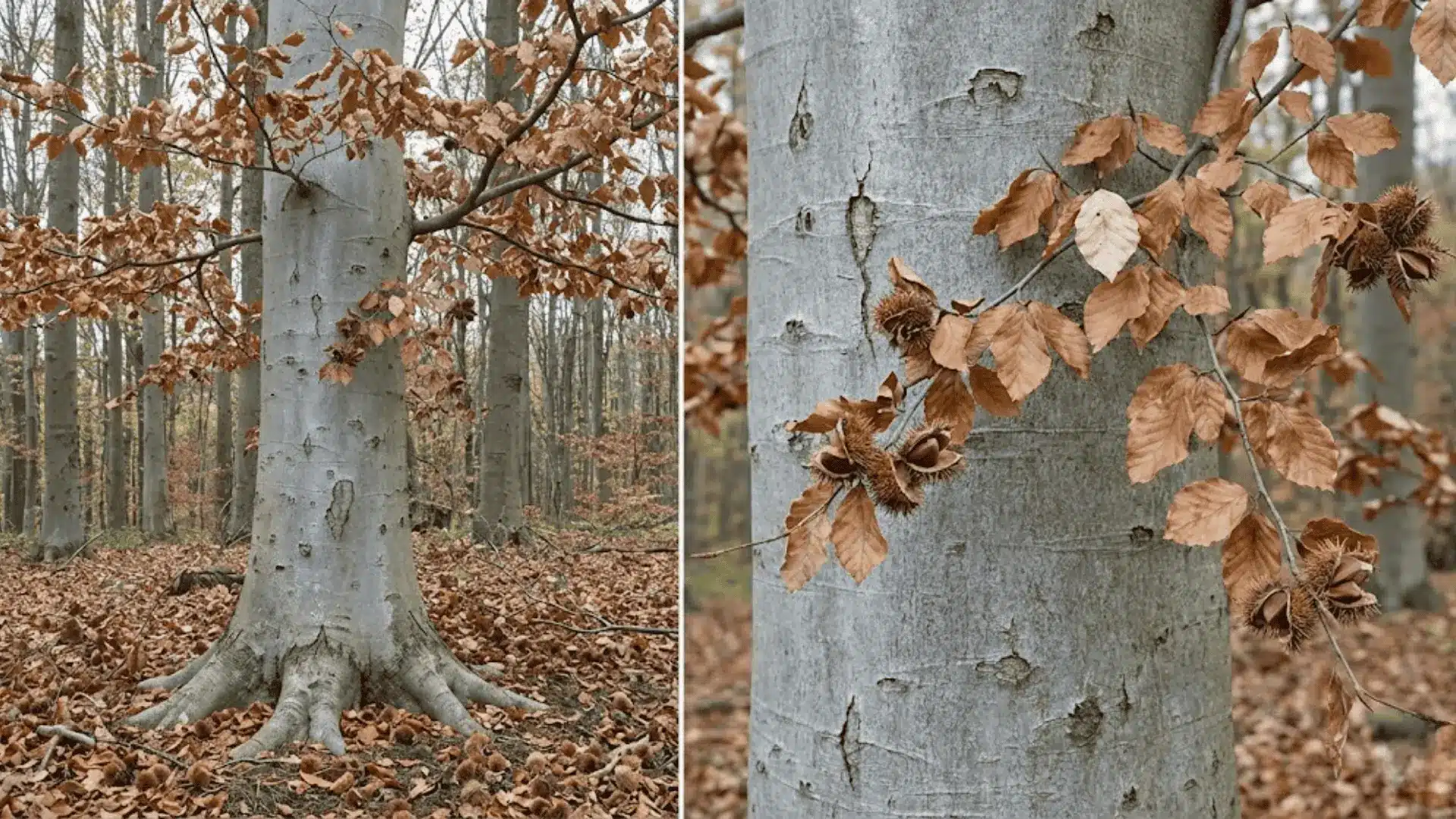 beech tree with smooth gray bark, bronze leaves, and spiky seed husks in fall