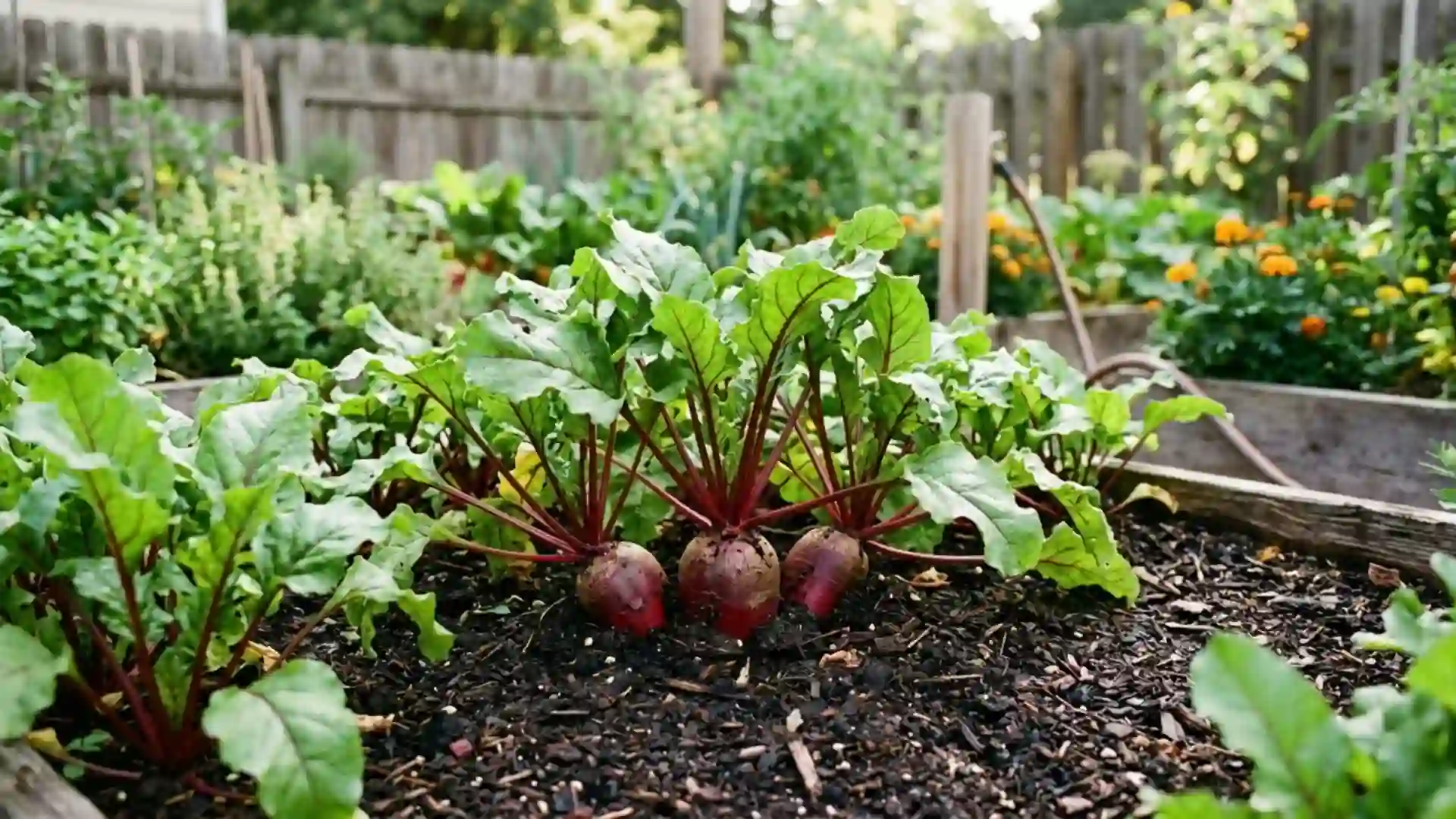 fresh beet root with greens growing in a home garden bed, photographed in natural daylight