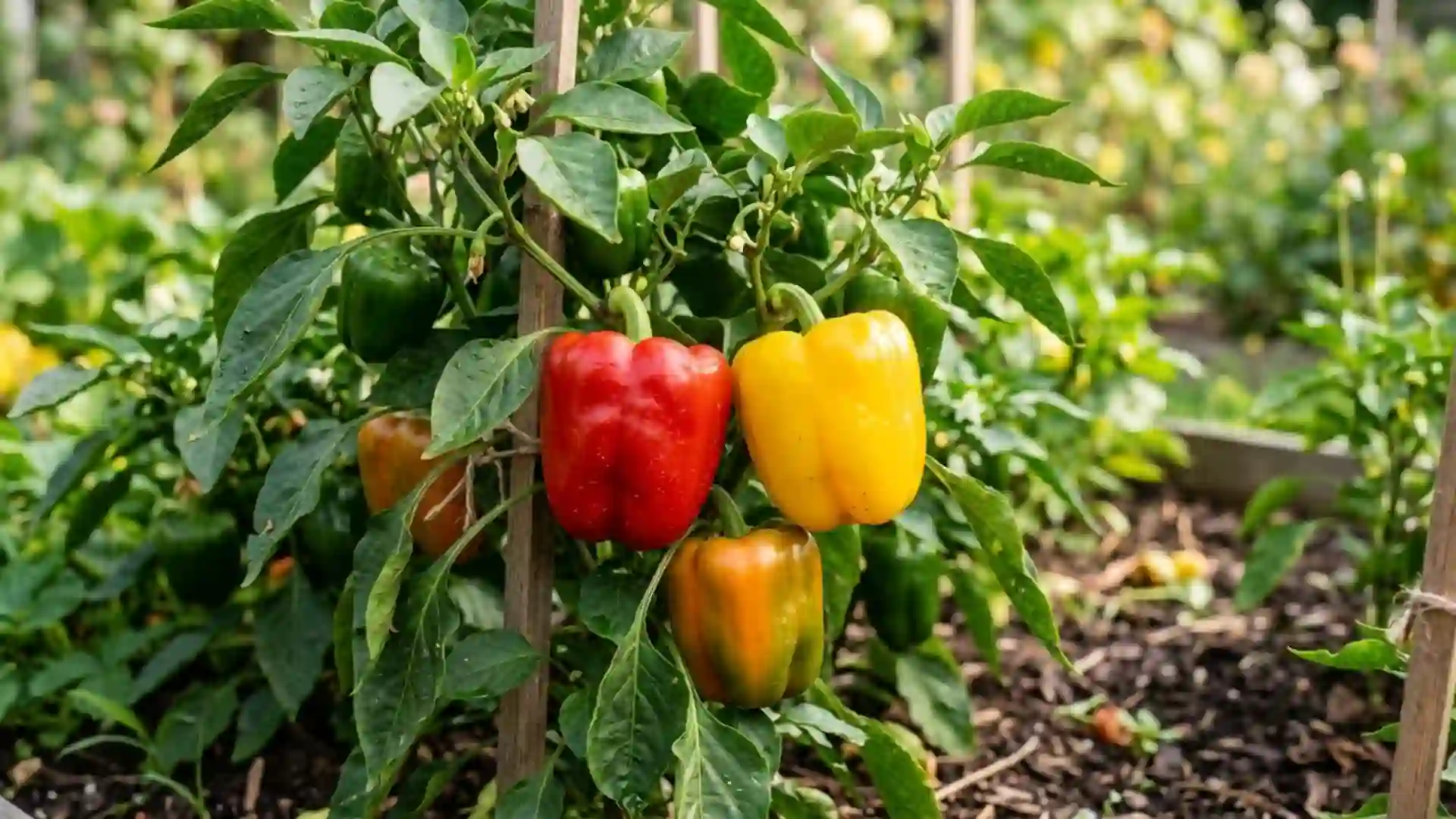 colorful ripe bell peppers, growing in a home garden bed, photographed in natural daylight