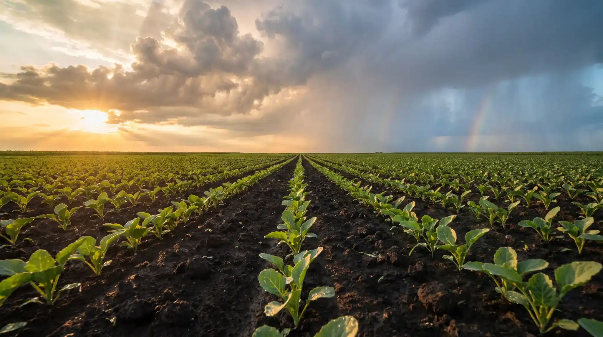 Rows of green crops in expansive field under dramatic cloudy sky and setting sun