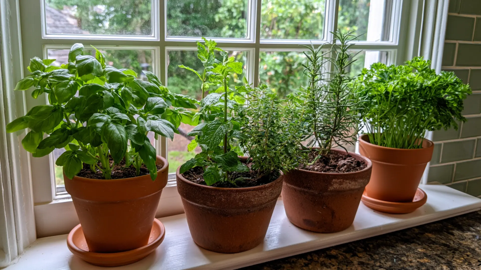 indoor herb garden basil mint thyme rosemary parsley in terracotta pots on kitchen windowsill
