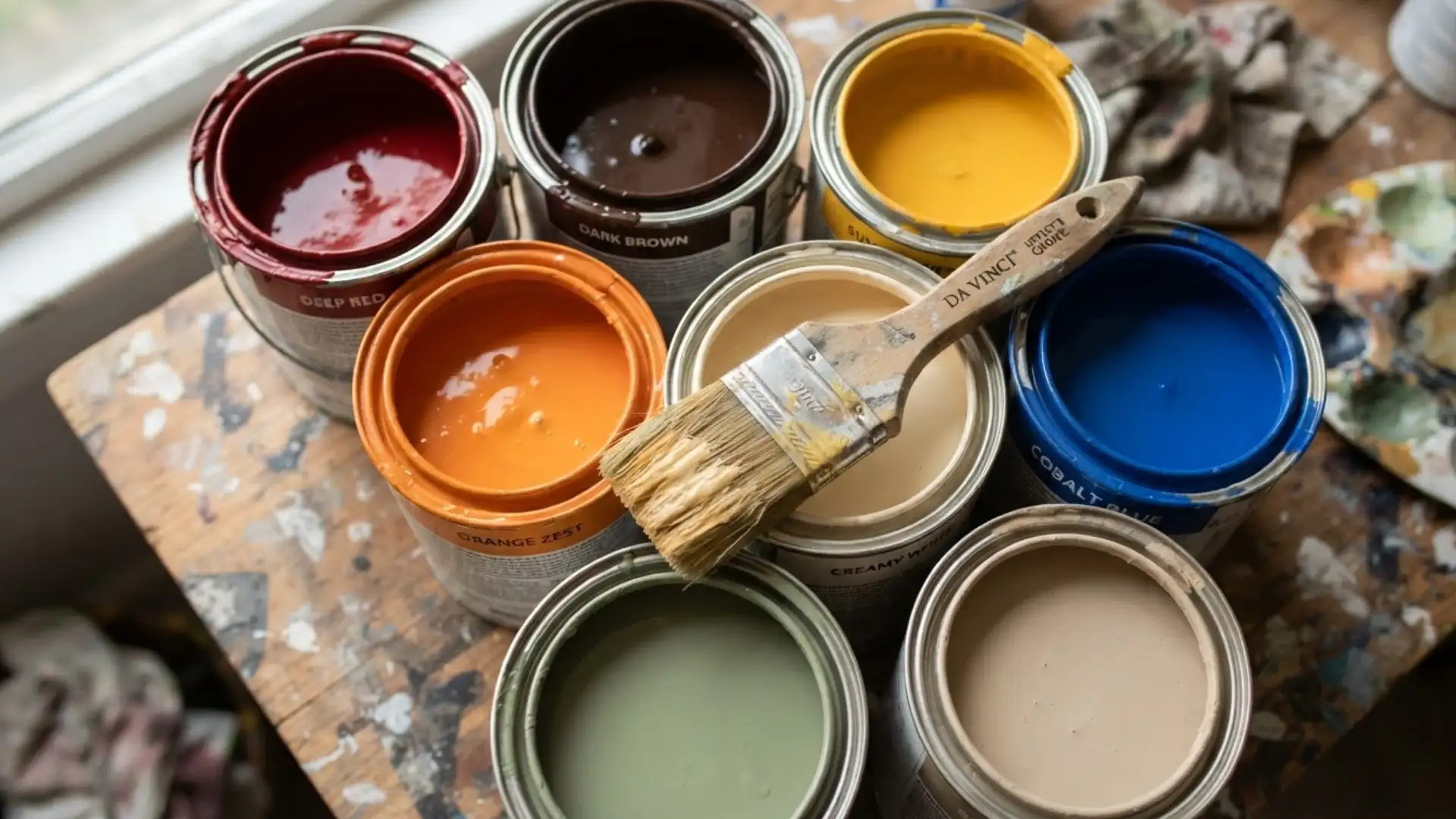 open paint cans with colorful shades and a paint brush showing different paint brand options for projects