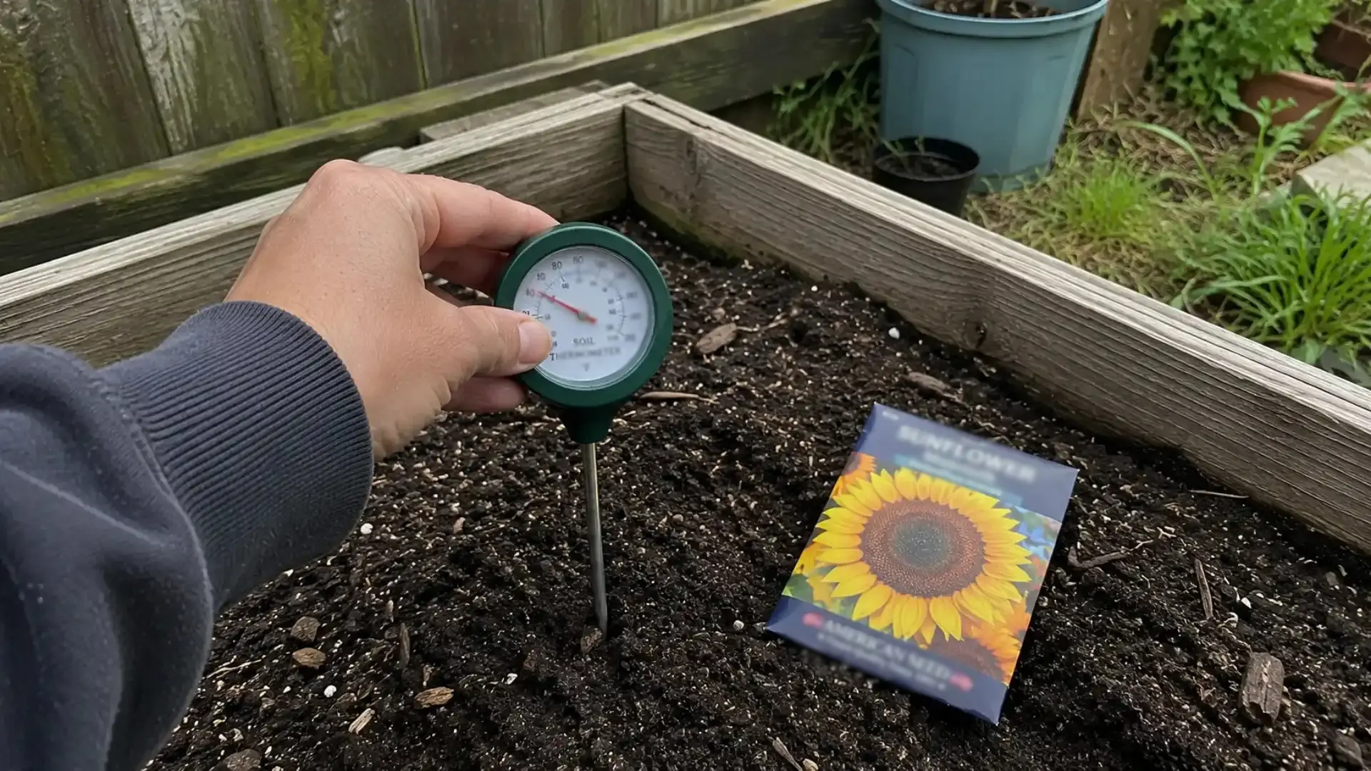hand checking soil temperature with a thermometer before planting sunflower seeds outdoors