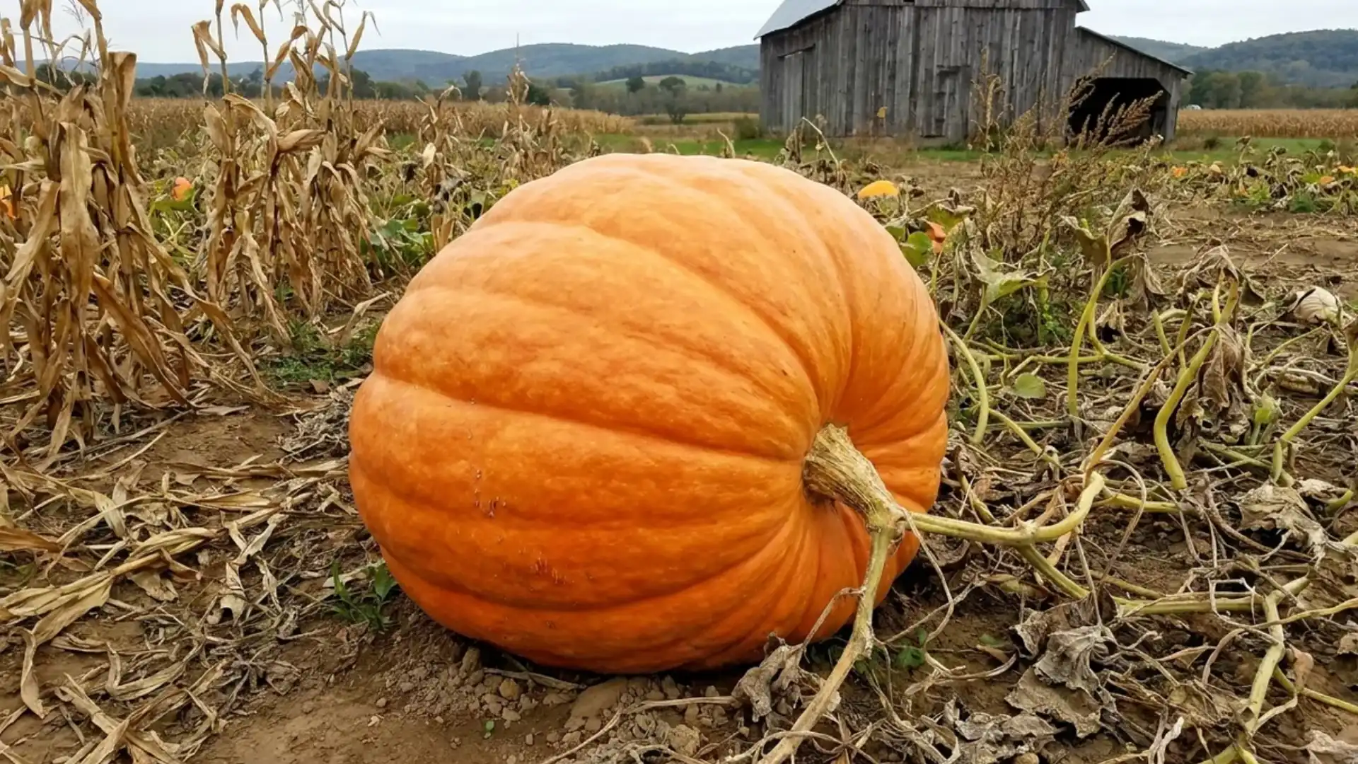 large orange big max pumpkin in a farm field