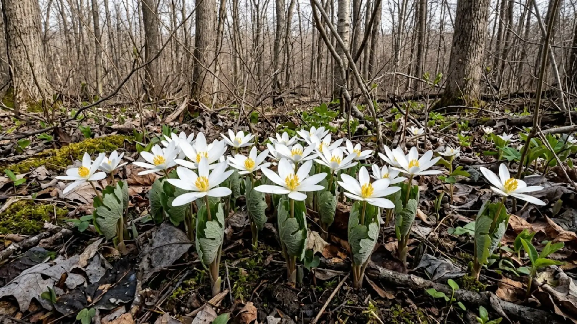 bloodroot flowers with white petals and a curled leaf on the forest floor