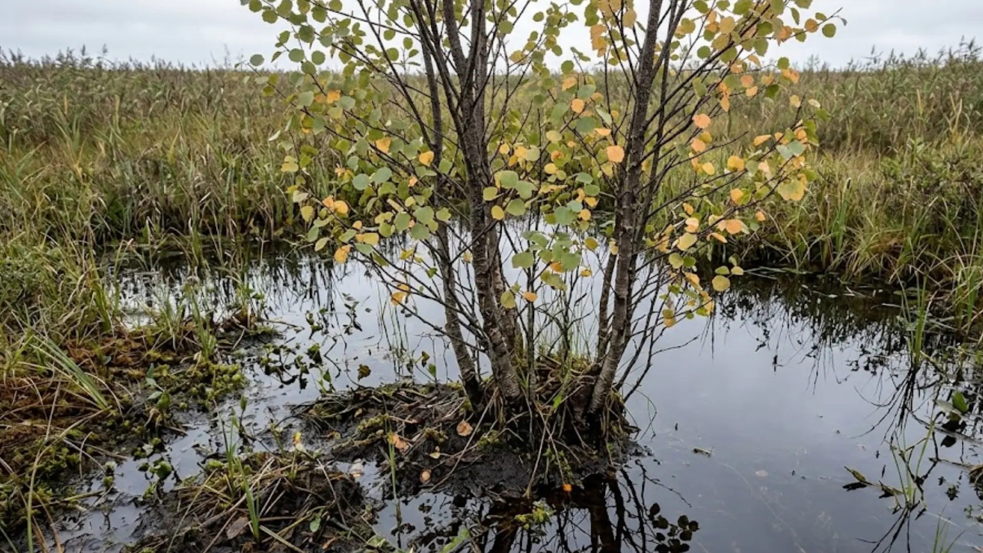 several tall birch shrubs with slender trunks clustered together growing directly out of a calm marshy wetland pool