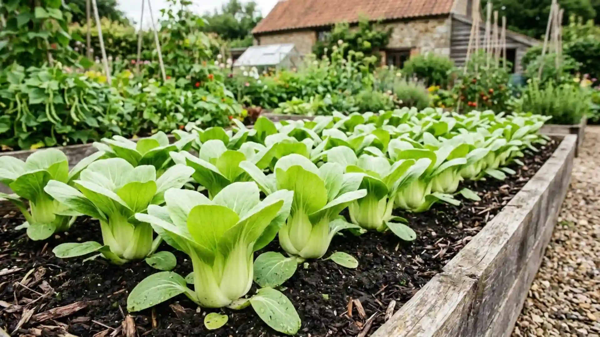 fresh green bok choy heads, growing in a home garden bed, photographed in natural daylight