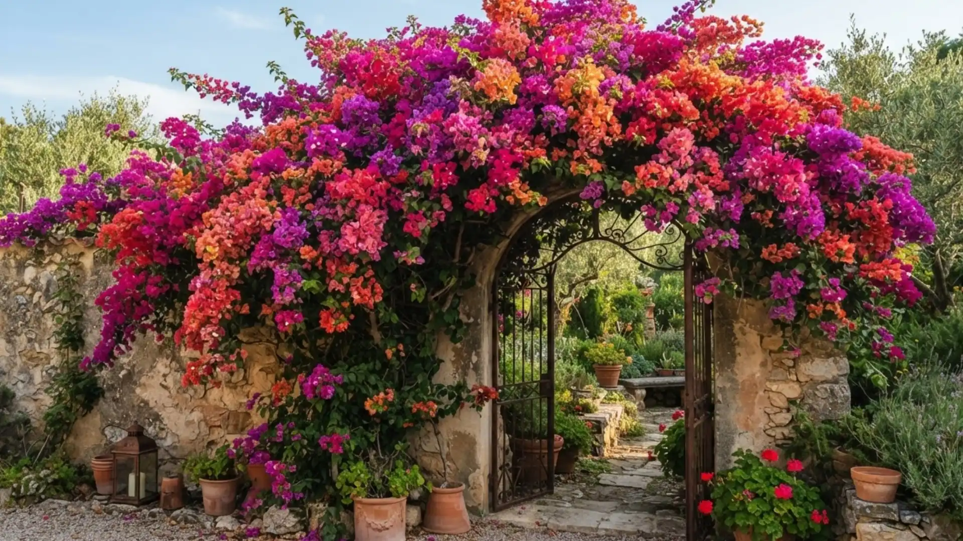 colorful bougainvillea covering a rustic garden arch with bright pink, orange, and purple blooms
