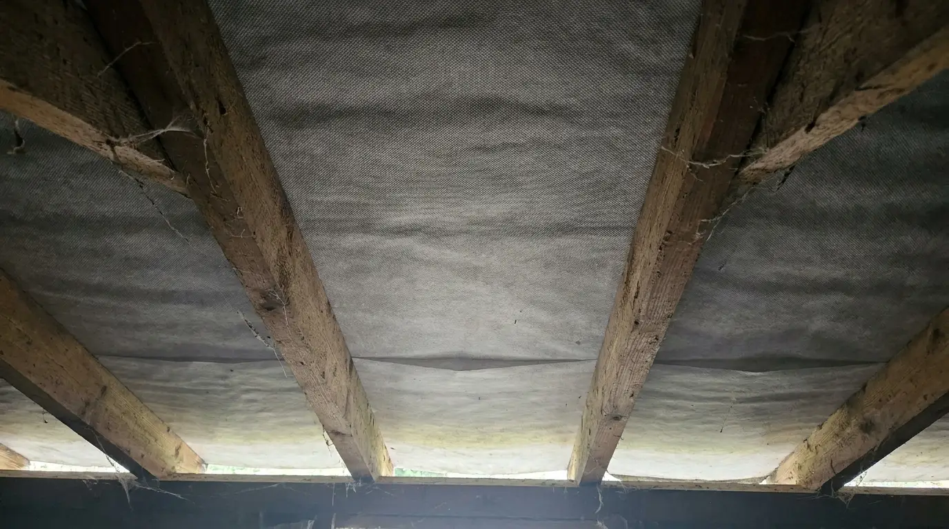 Wooden beams and roofing material in an unfinished ceiling with natural light filtering through