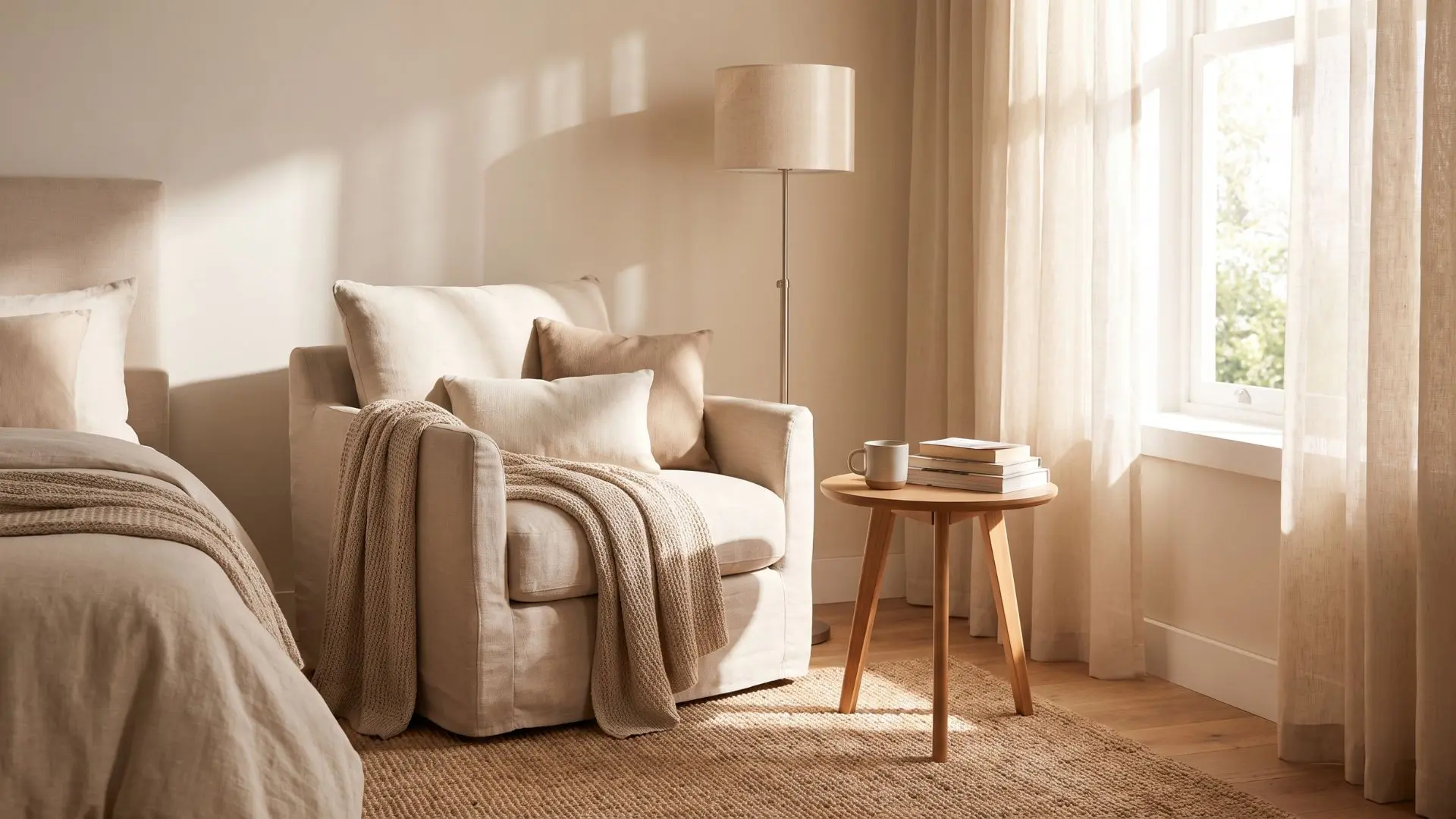 cozy bedroom reading nook with an armchair, floor lamp, and small table beside a sunny window