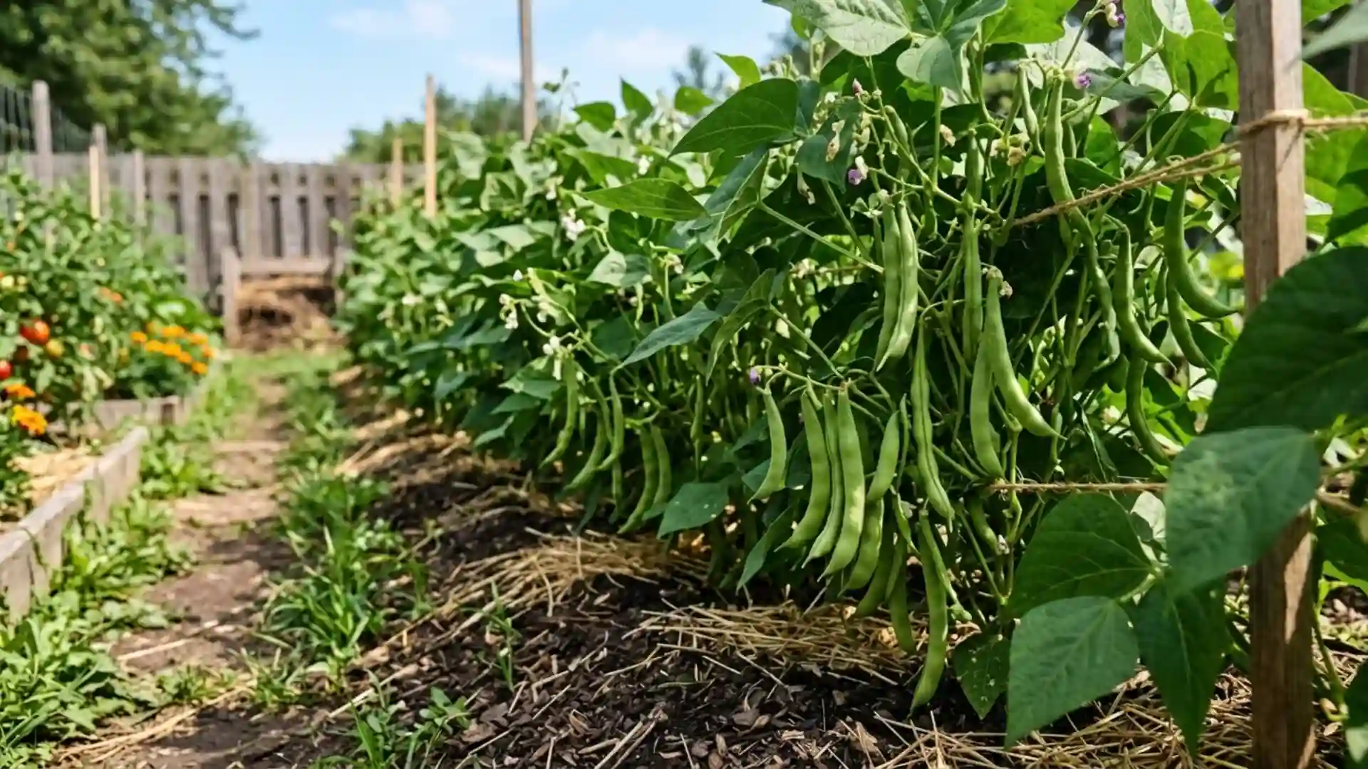 fresh green bush bean pods, growing in a home garden bed, photographed in natural daylight
