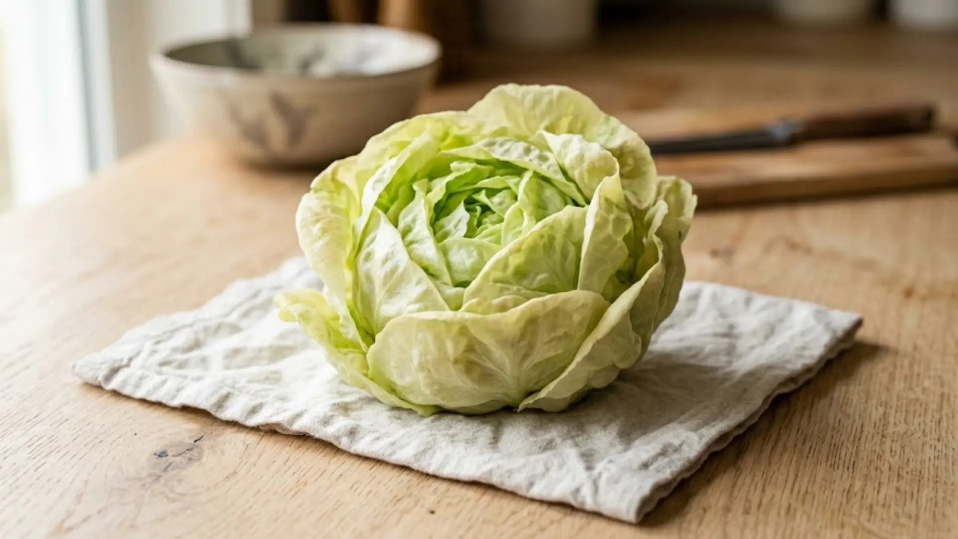 butterhead lettuce with soft pale green leaves resting on a linen cloth on a wooden kitchen table