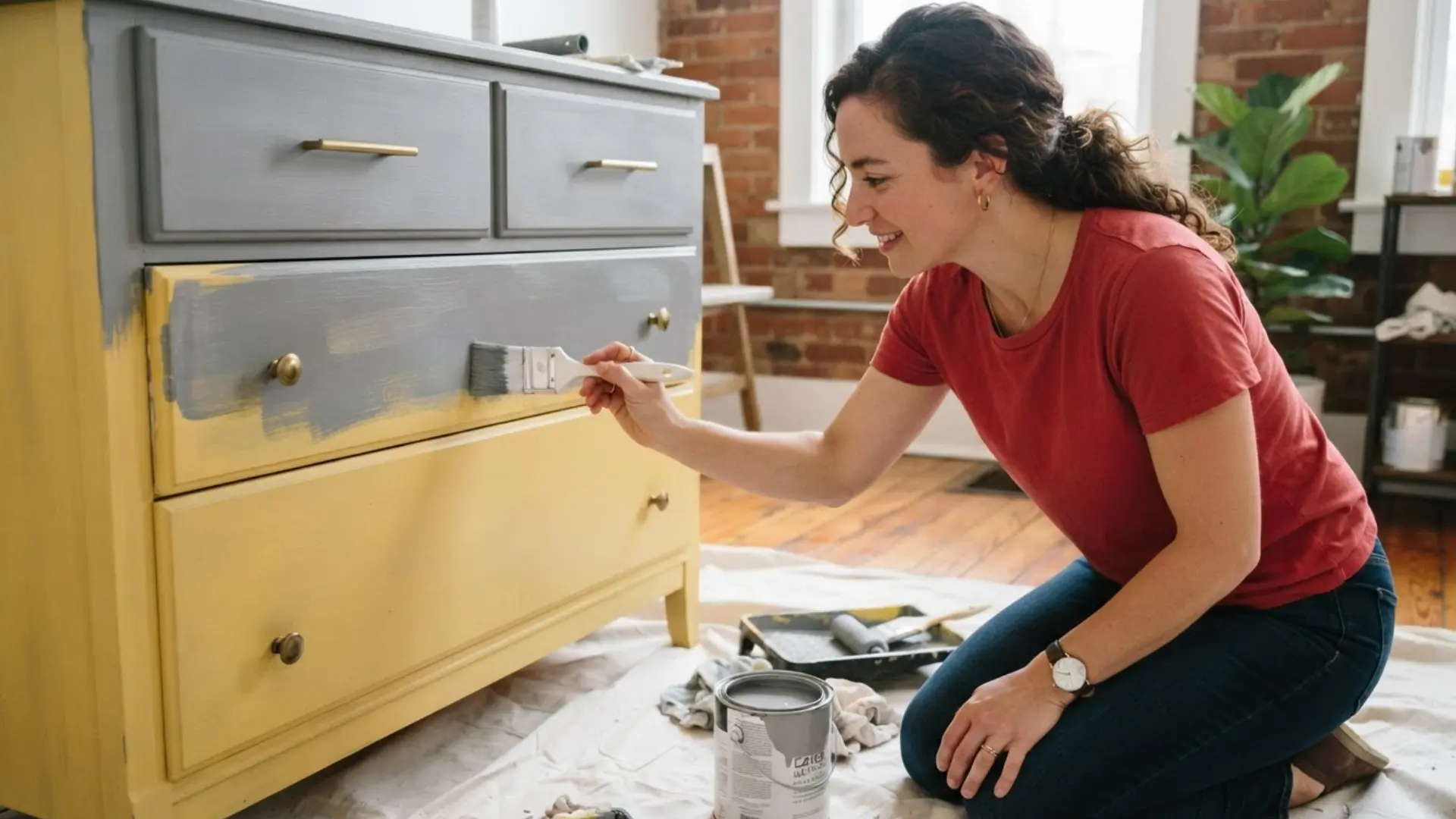 woman painting a stained wooden dresser with gray paint during a furniture makeover project