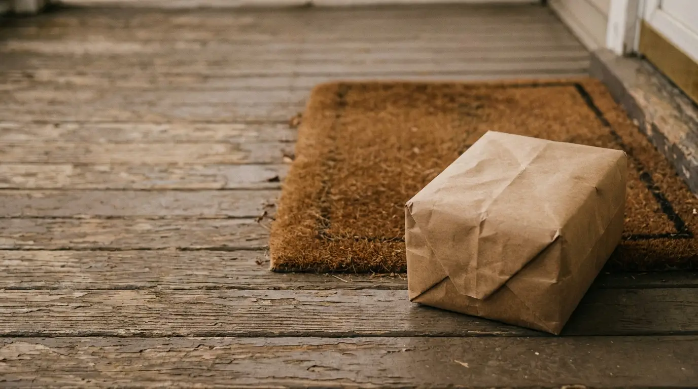 Brown paper package on weathered wooden porch beside doormat