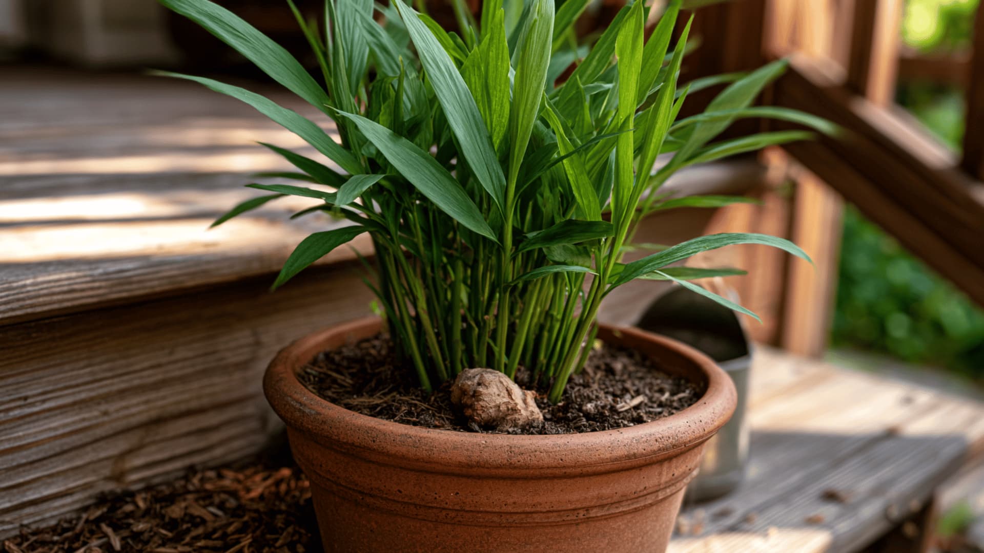 a leafy ginger plant with a visible rhizome growing in a terracotta pot on a wooden deck