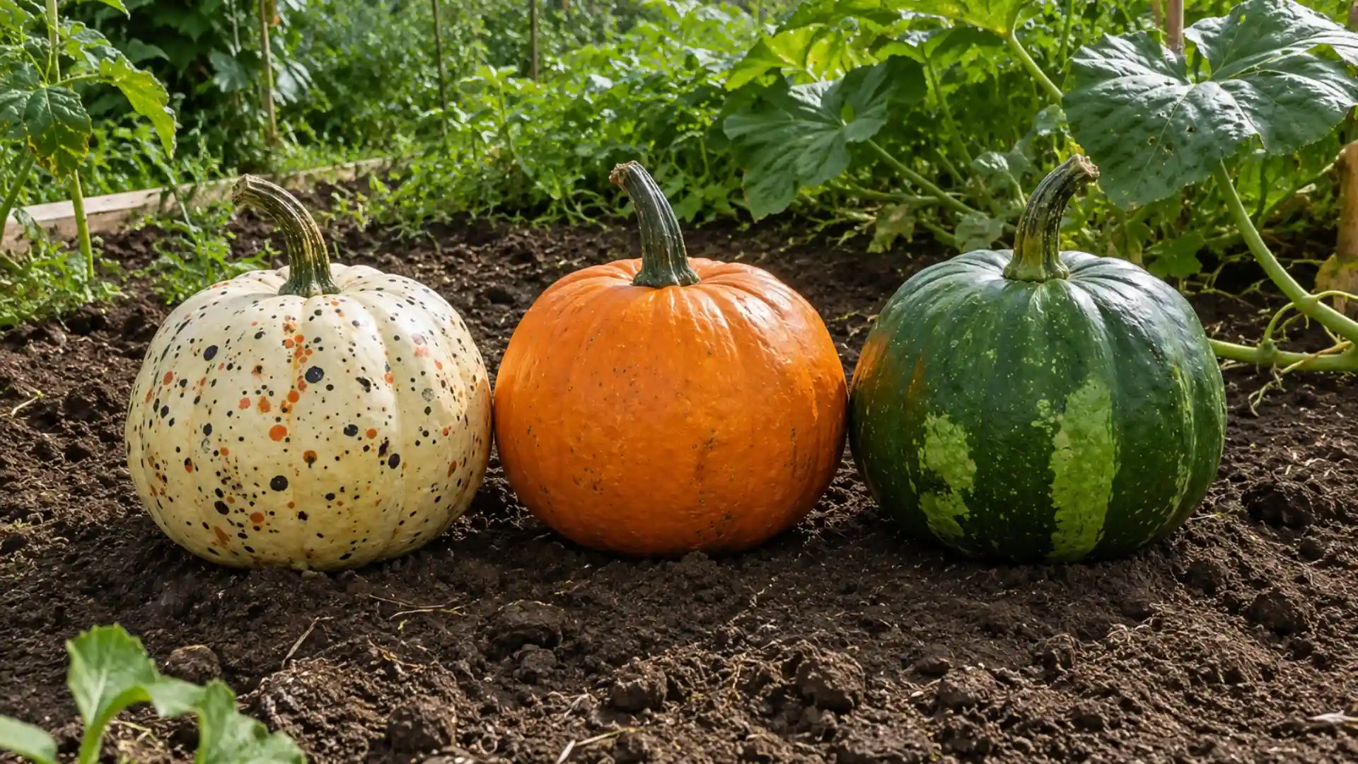 carnival squash in a garden bed