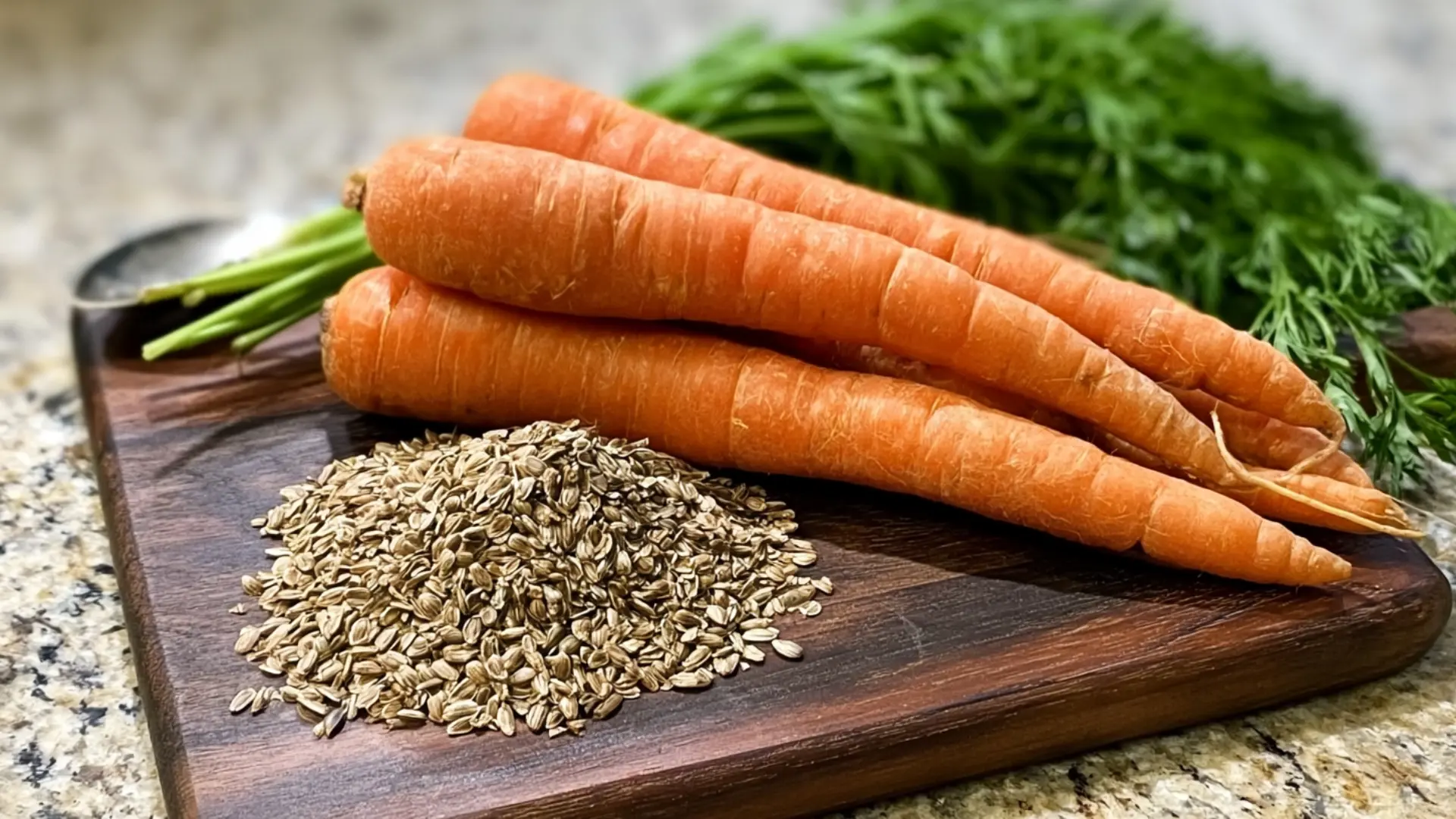 carrot seeds piled on a dark wooden cutting board beside fresh carrots and a small spoon