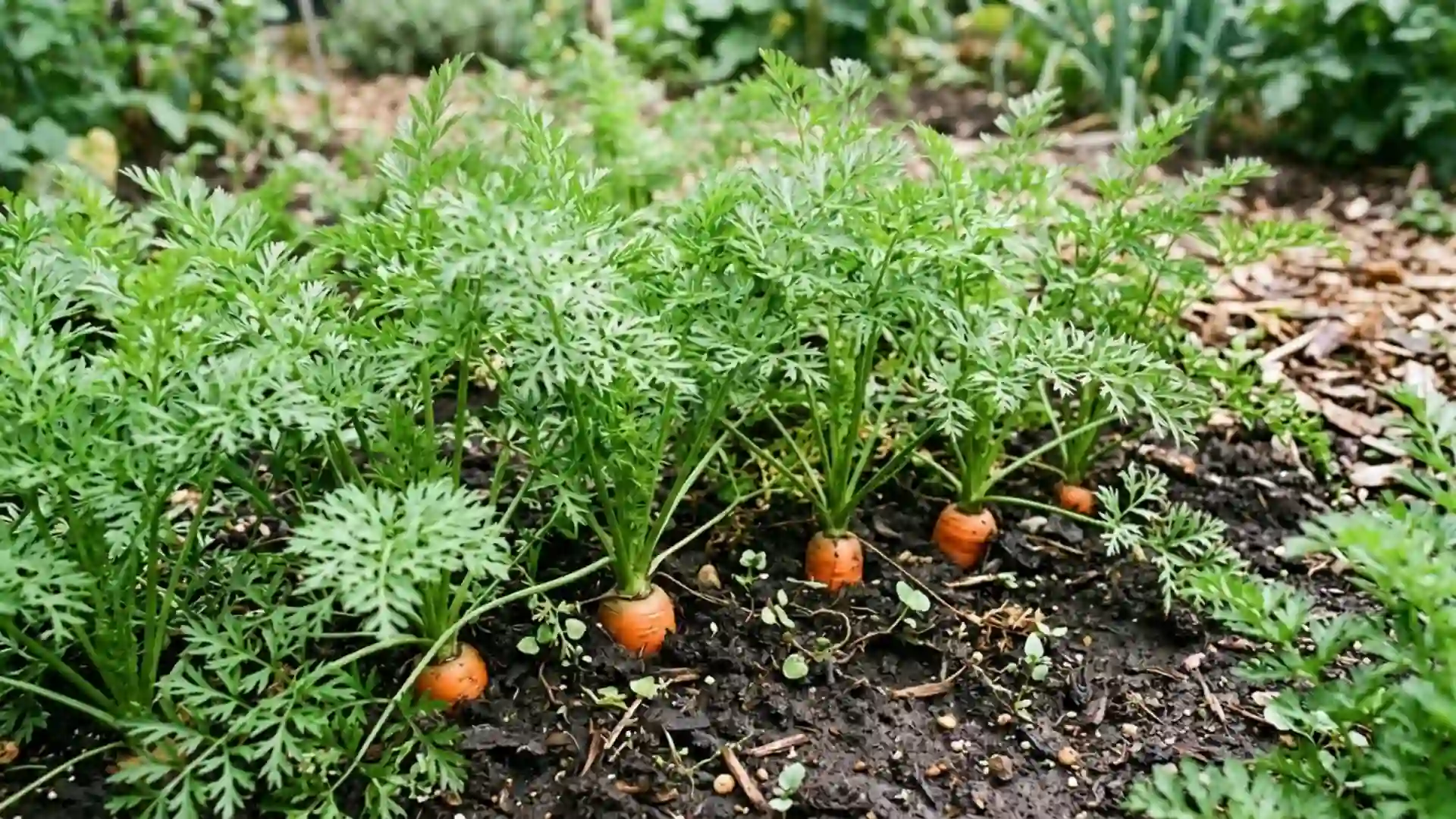 fresh carrot tops and roots growing in a home garden bed, photographed in natural daylight