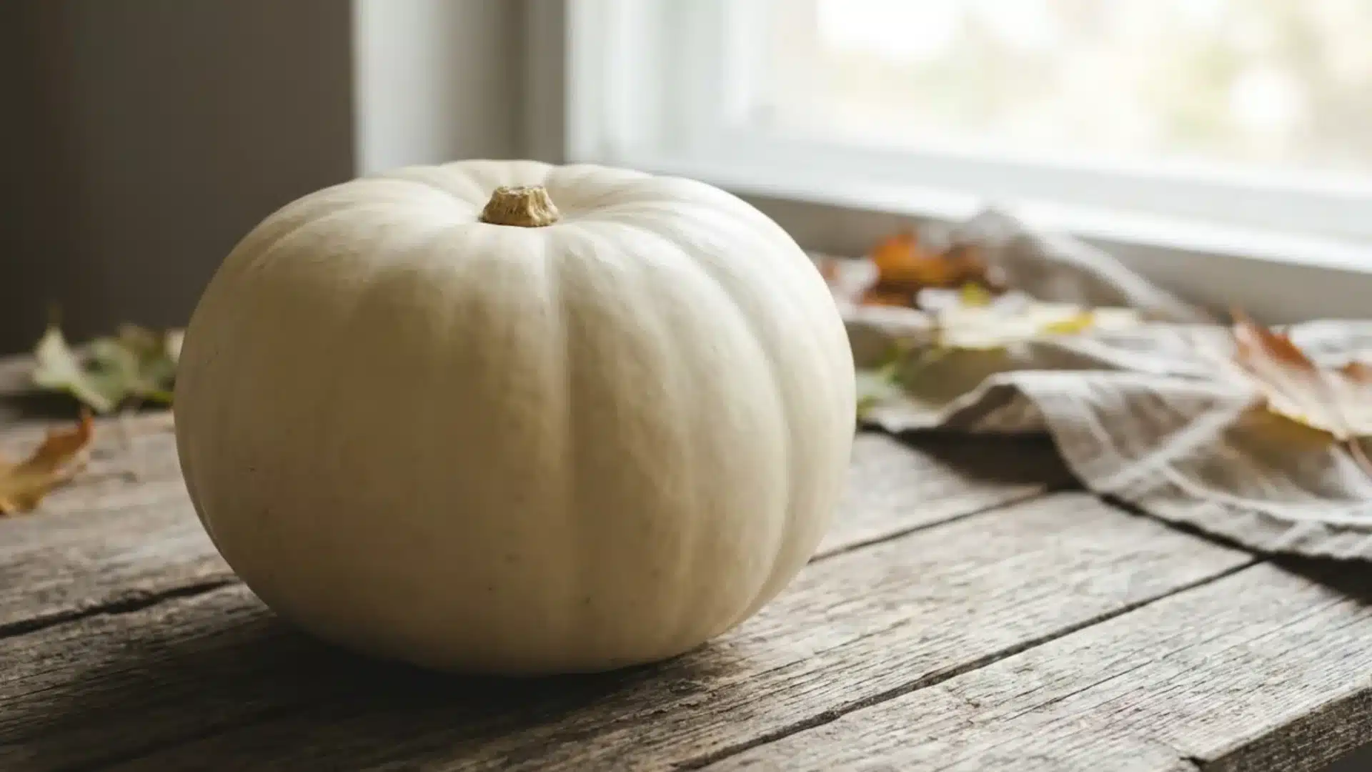 round creamy white casper pumpkin on wooden table