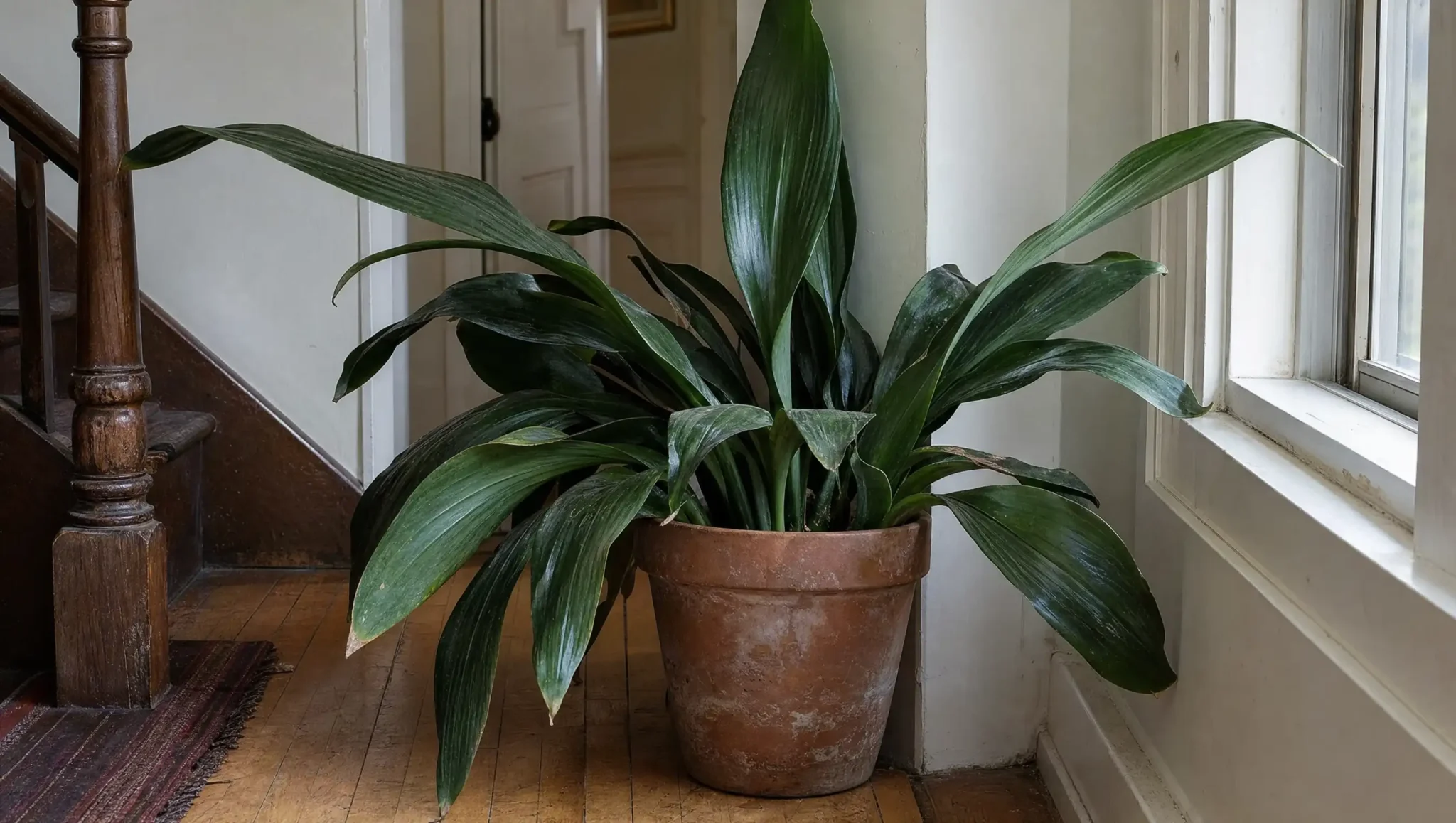 mature cast iron plant with arching green leaves beside a softly lit hallway window