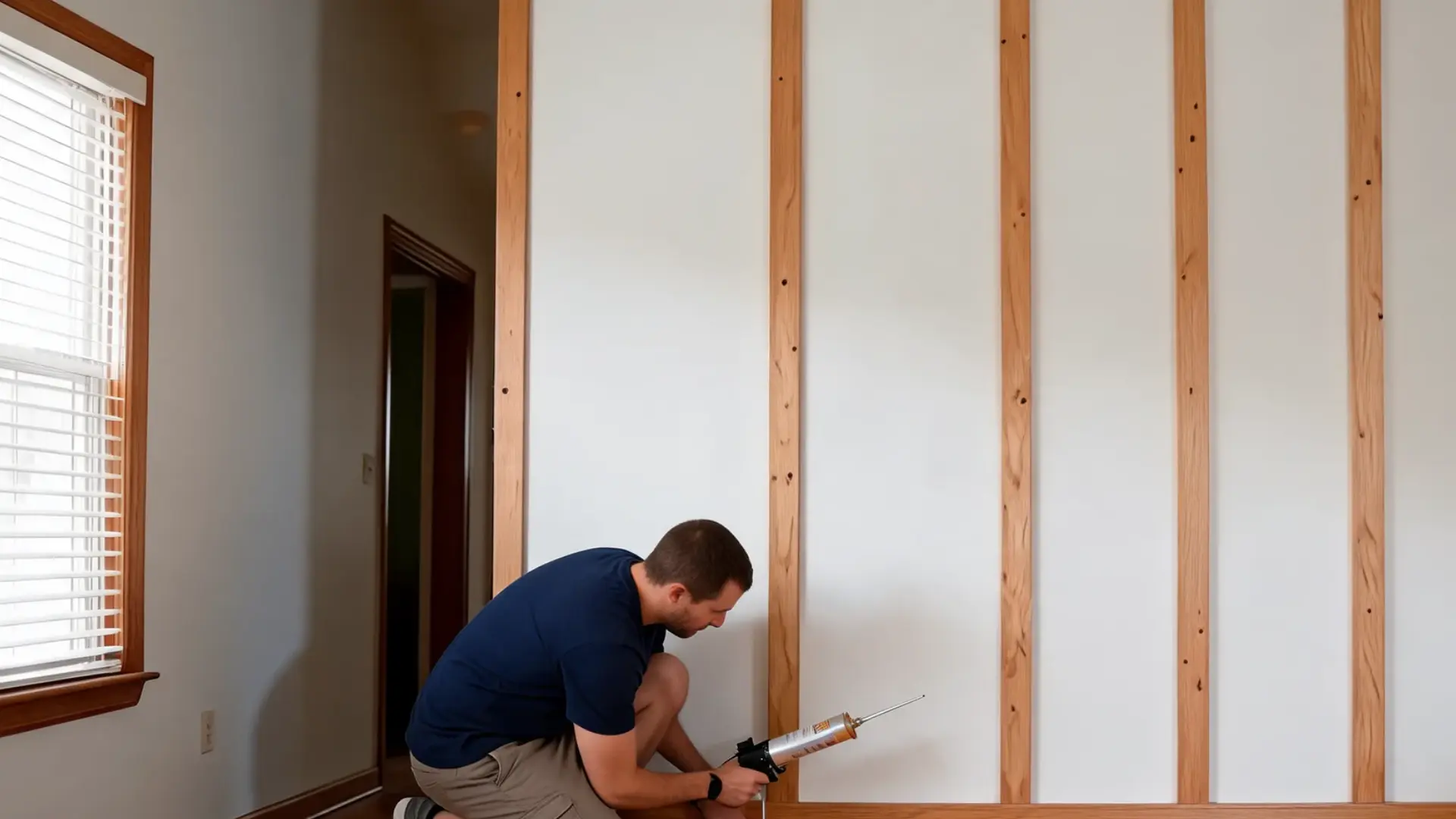 man kneeling to fill nail holes with wood filler on a board and batten wall before final sanding