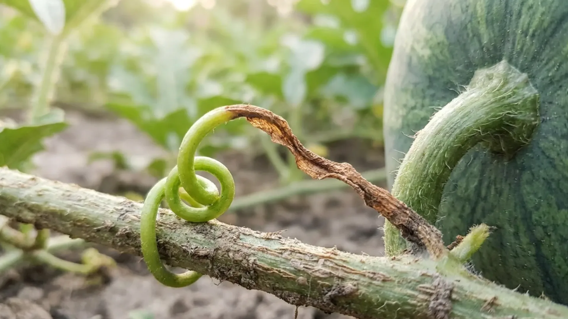 close up of a watermelon tendril half green and half brown and dried