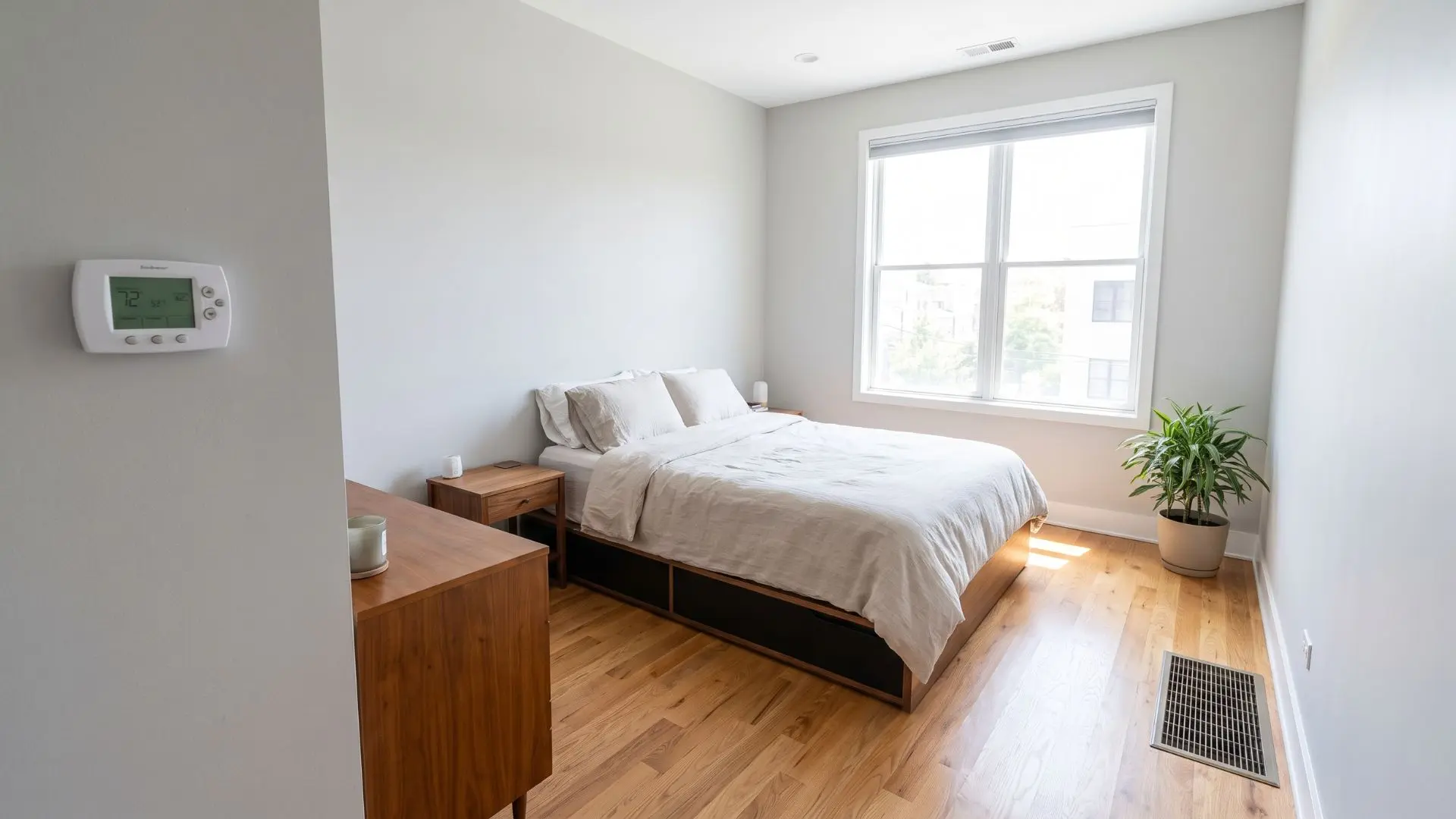 bedroom layout leaving open space around a wall thermostat and floor and ceiling air vents