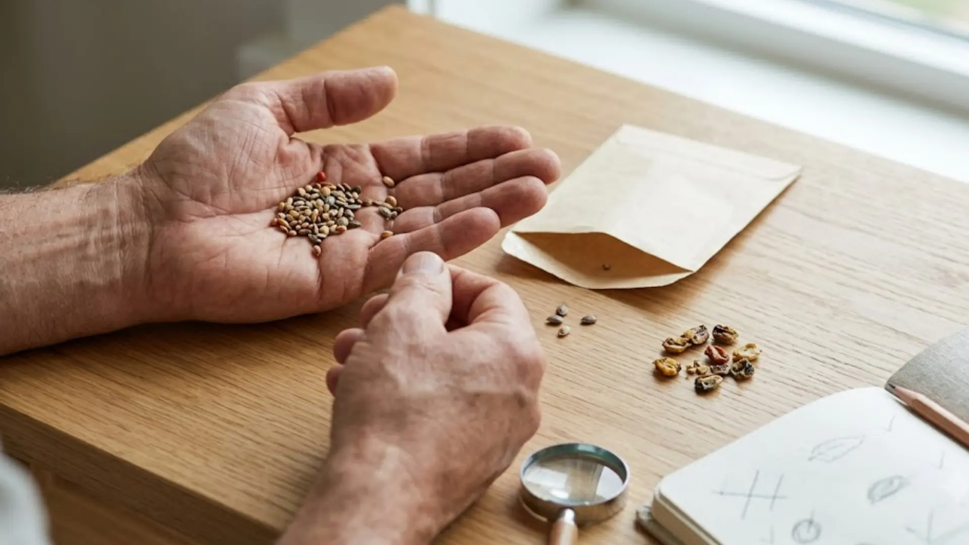 hands inspecting old seeds from a paper packet with healthy and damaged seeds separated nearby
