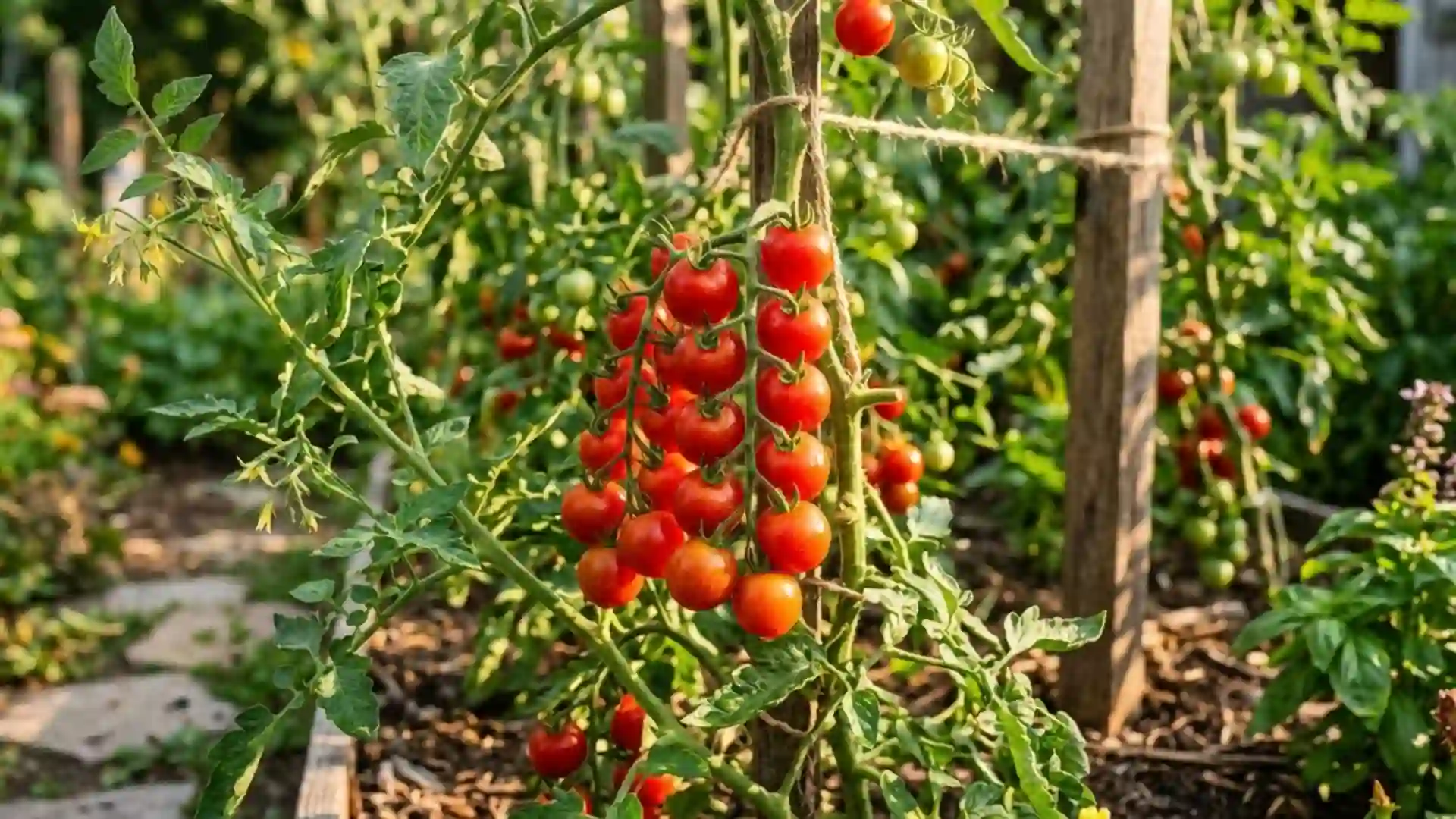 small ripe cherry tomatoes, growing in a home garden bed, photographed in natural daylight