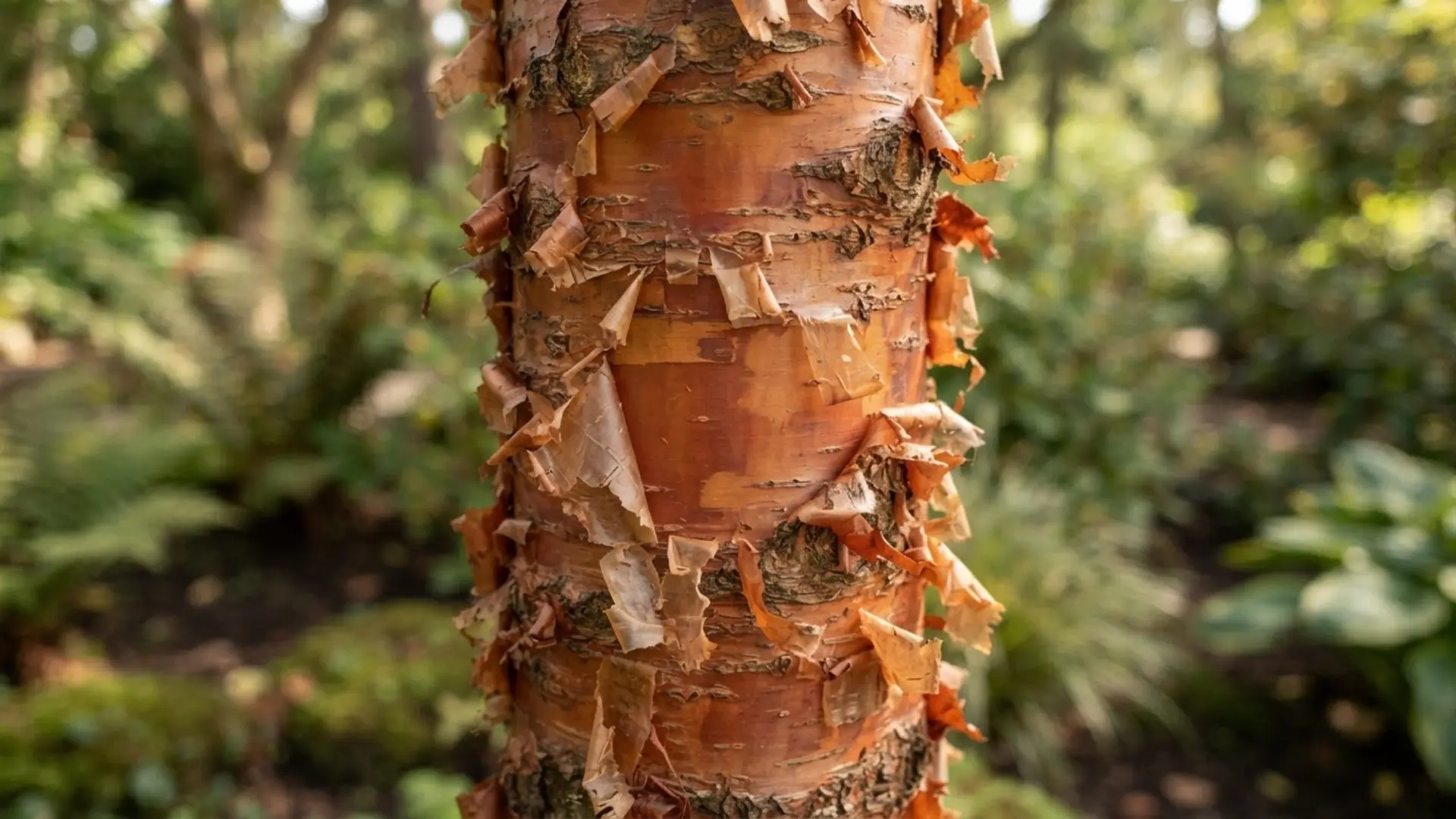 close-up view of copper orange birch bark peeling away in thin curling papery strips along the tall trunk surface