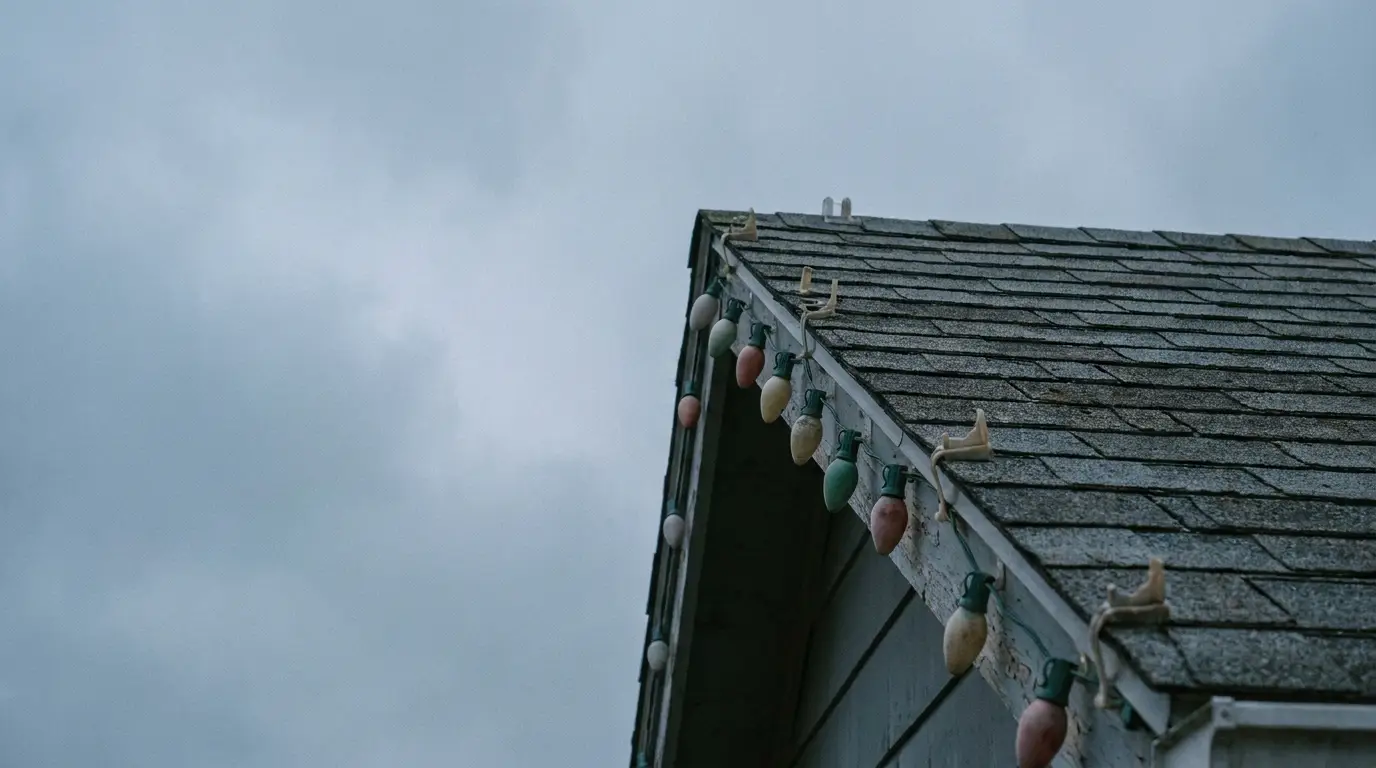 Roof of house with colorful string lights against cloudy sky