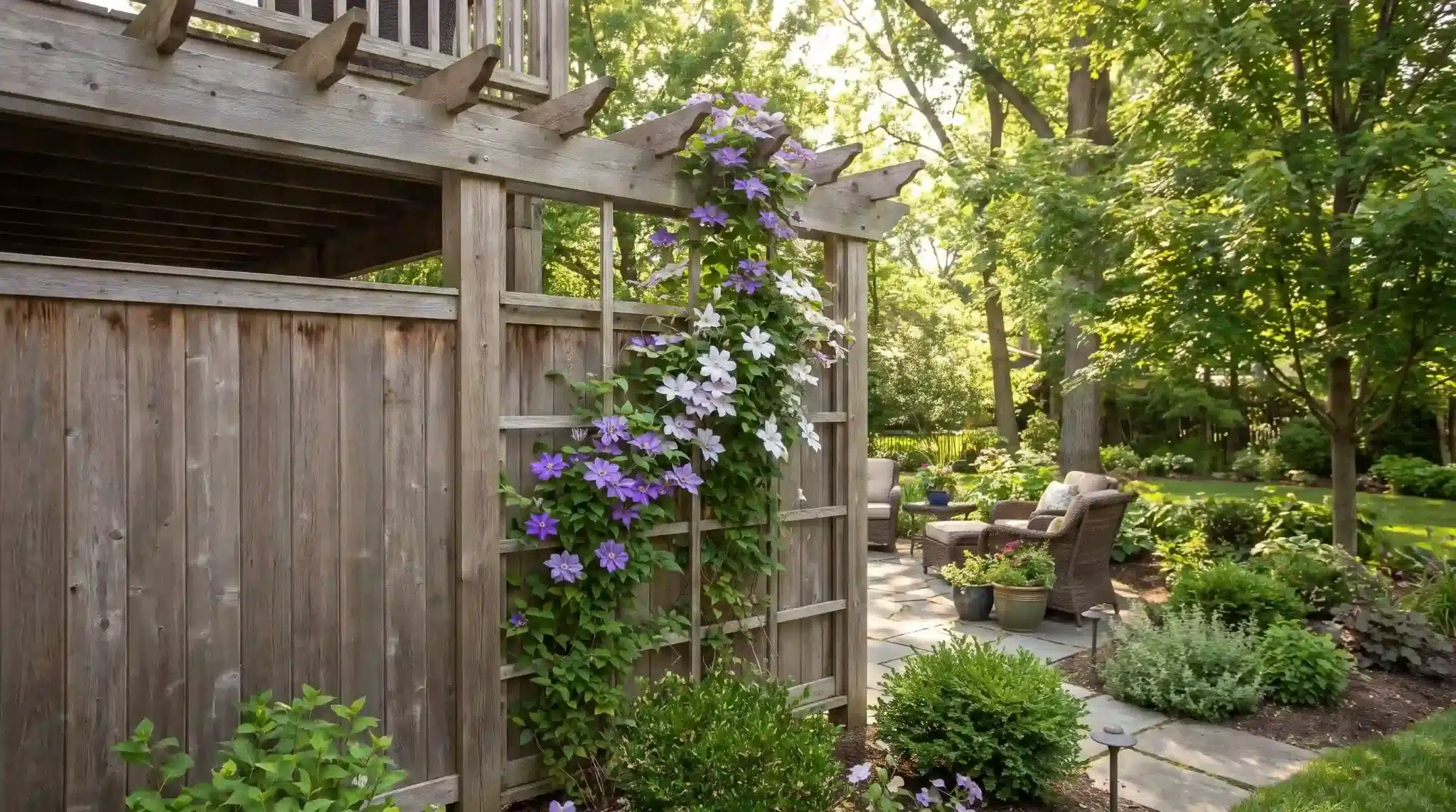 purple and white flowering vines climbing a wooden trellis beside a shaded backyard patio